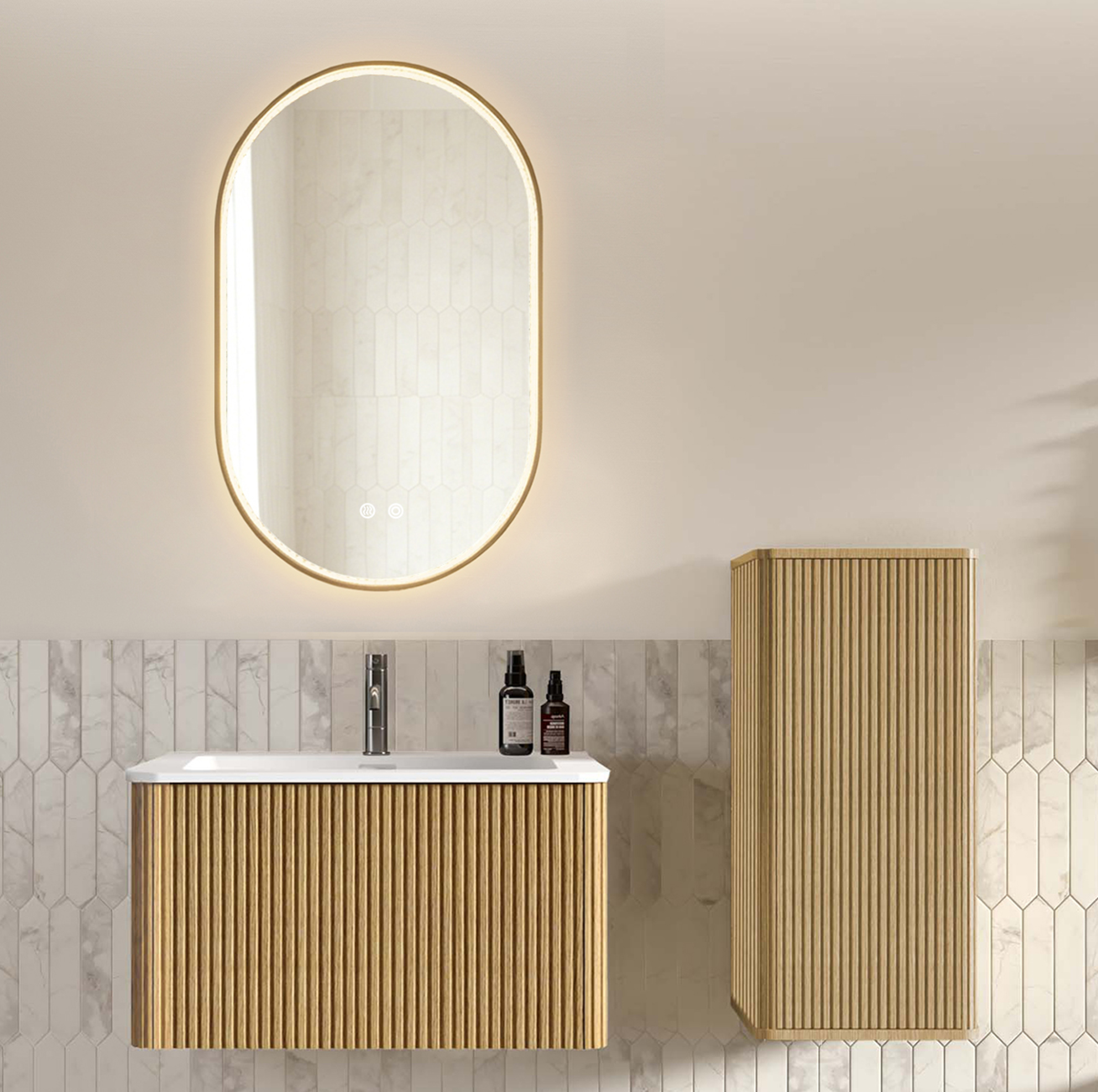 Badmöbel Set Mit Waschbecken, Led Spiegel, Unterschrank Und Seitenschrank, Aus Kunststein Und Mdf, Eichefarben Und Weiß