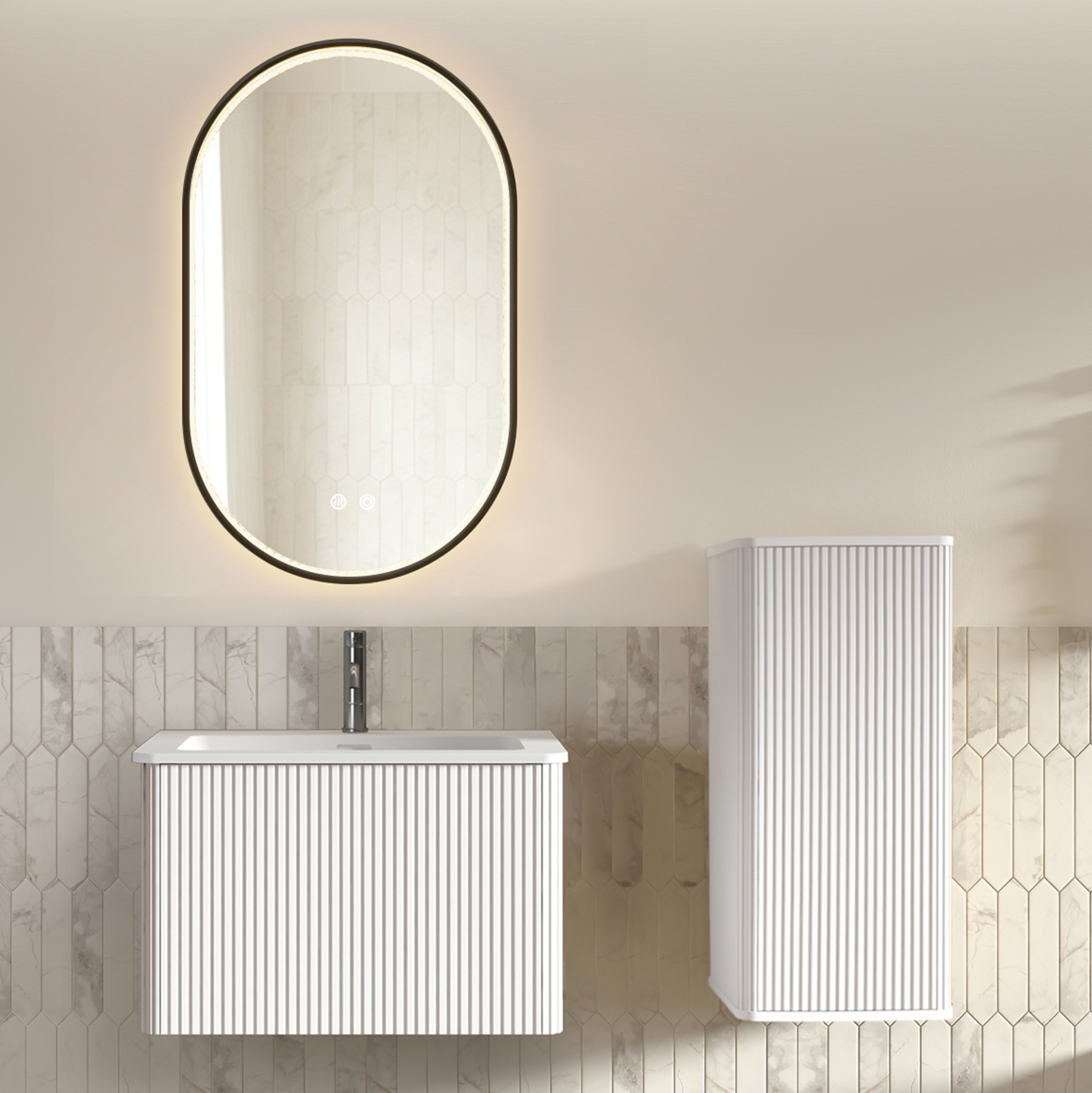Badmöbel Set, Wandhängend, Mit Led Spiegel, Waschbecken Mit Unterschrank, Seitenschrank, Vertikale Rillen, Weiß
