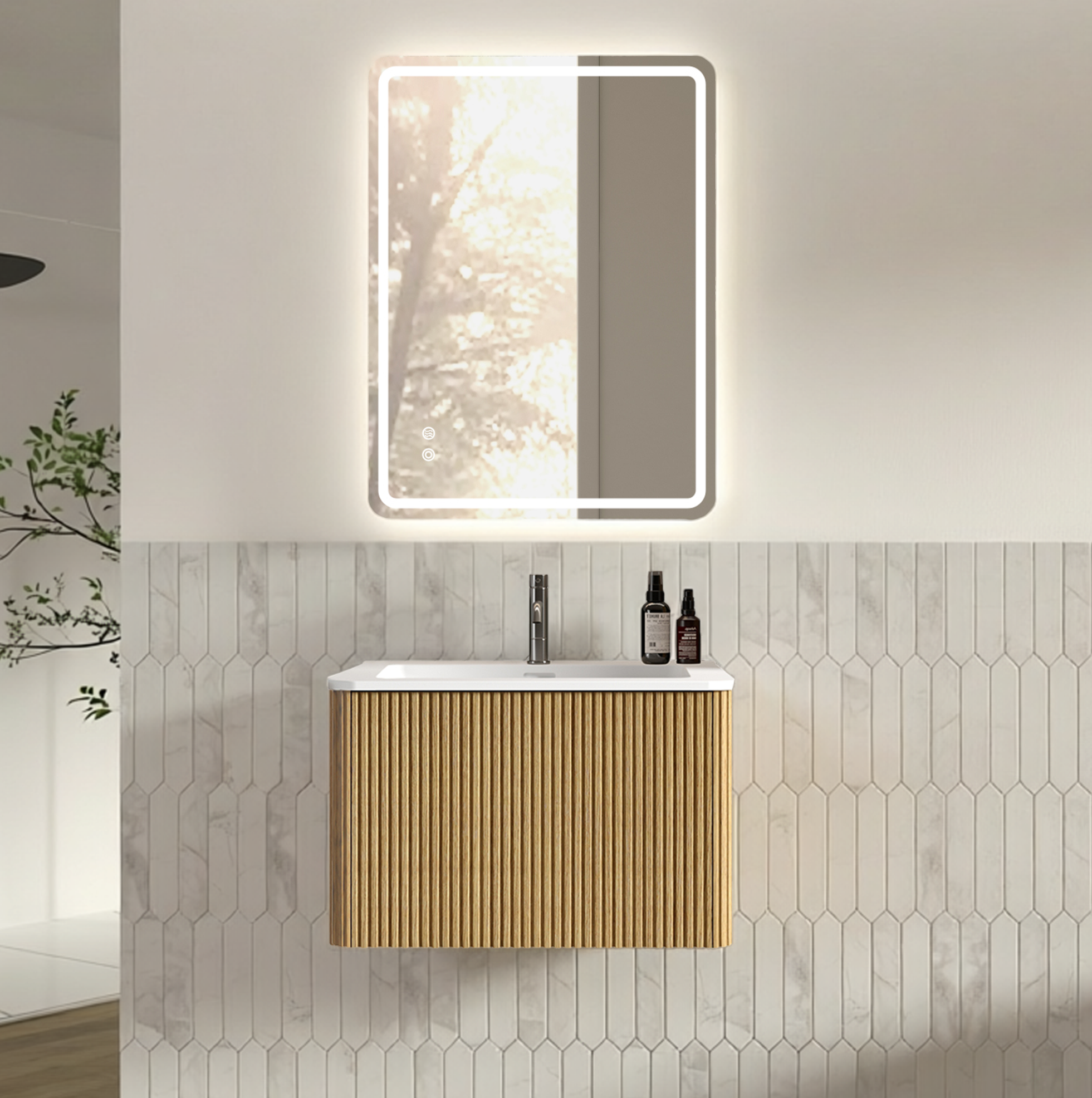 Badmöbel Set Mit Led Spiegel, Schwebender Waschtisch, Vormontiert, Integriertes Waschbecken, Kunststein, Eiche