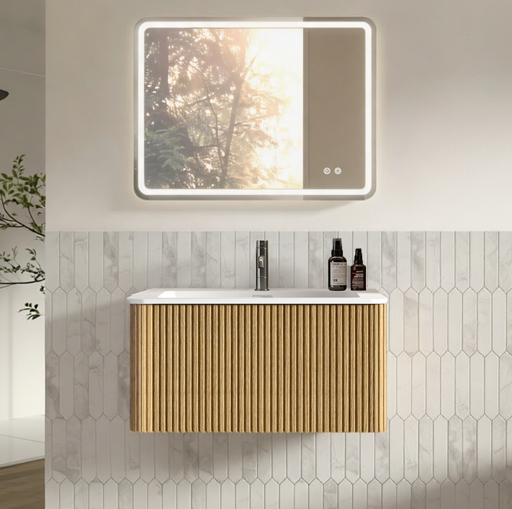 Badmöbel-set Mit Led-spiegel, Wandhängender Waschtisch, Vormontiert, Eichenoptik, Kunststein, Glas, Mdf, Sperrholz