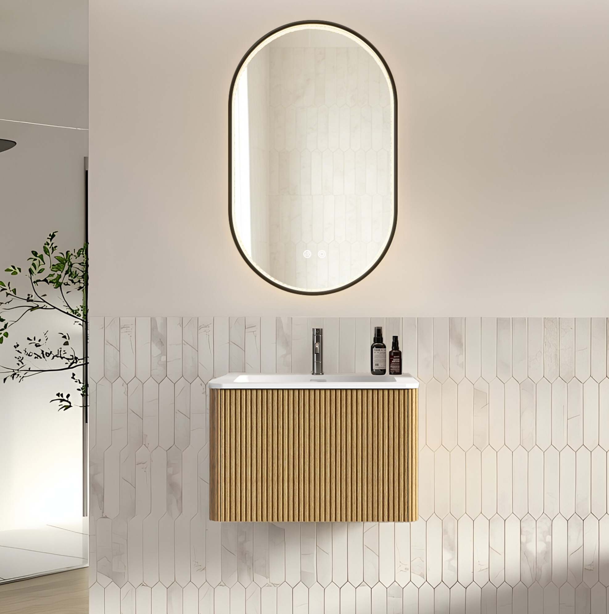 Redom Badmöbel Set, Wandhängend, Mit Led Spiegel, Antibeschlag Funktion, Integriertes Waschbecken, Mdf, Eichenfarbe