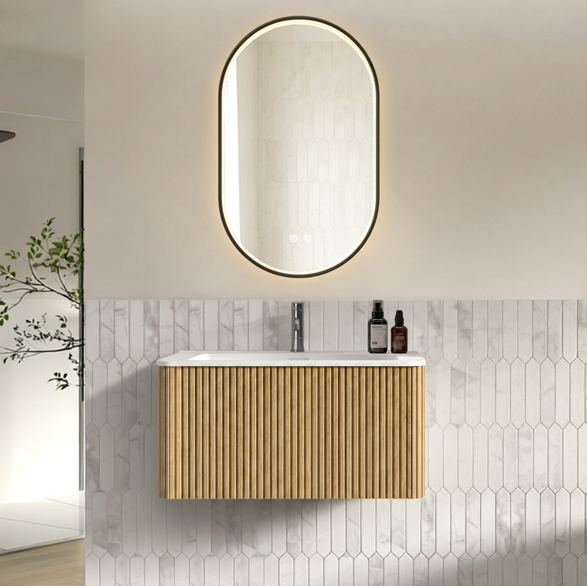 Badmöbel-set Mit Led Spiegel, Wandhängend, Vormontiert, Mit Kunststein Waschbecken, Eichenfarbe