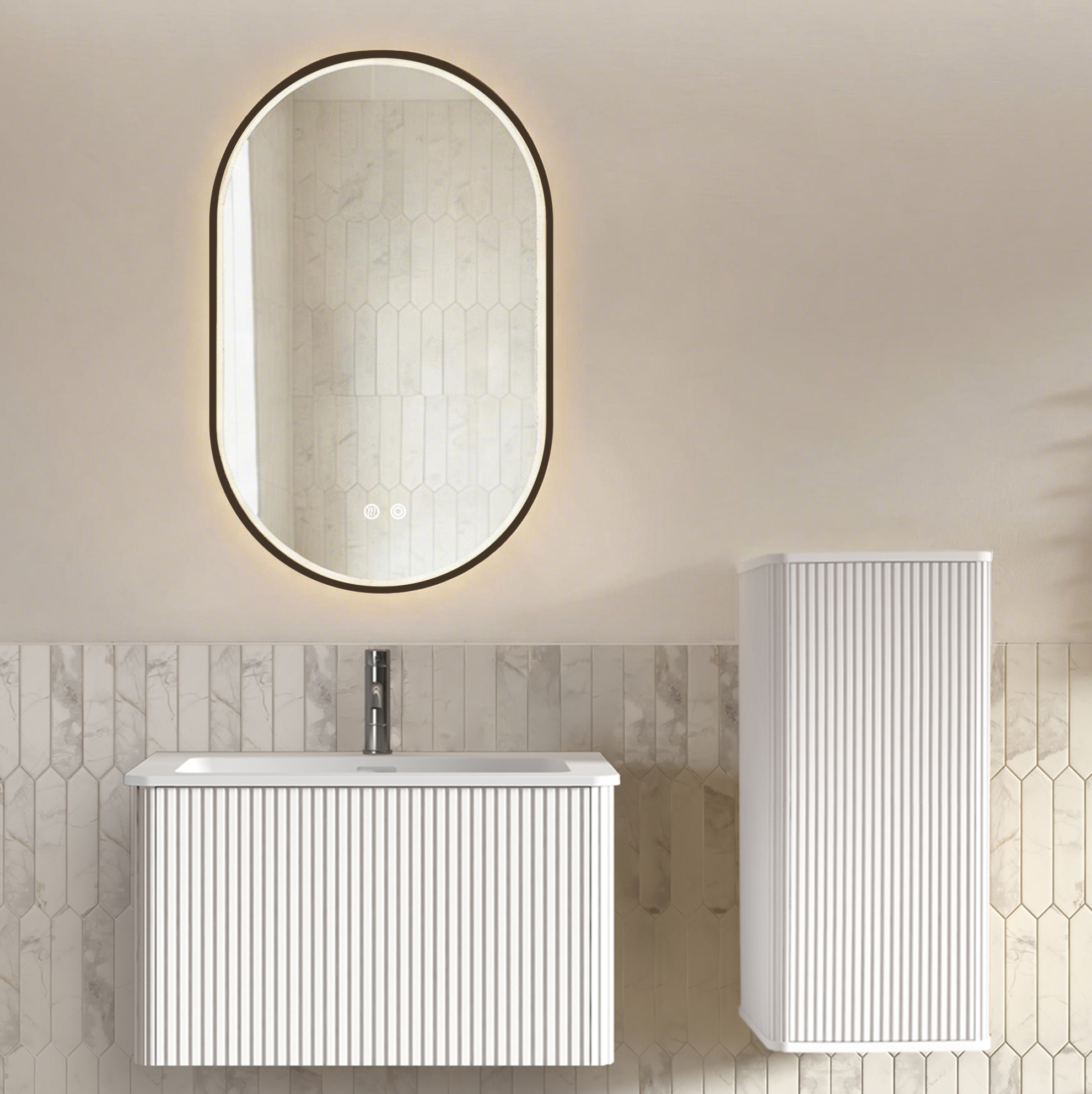 Badmöbel Set Mit Led Spiegel, Wandhängendem Unterschrank Und Seitenschrank, Weiß