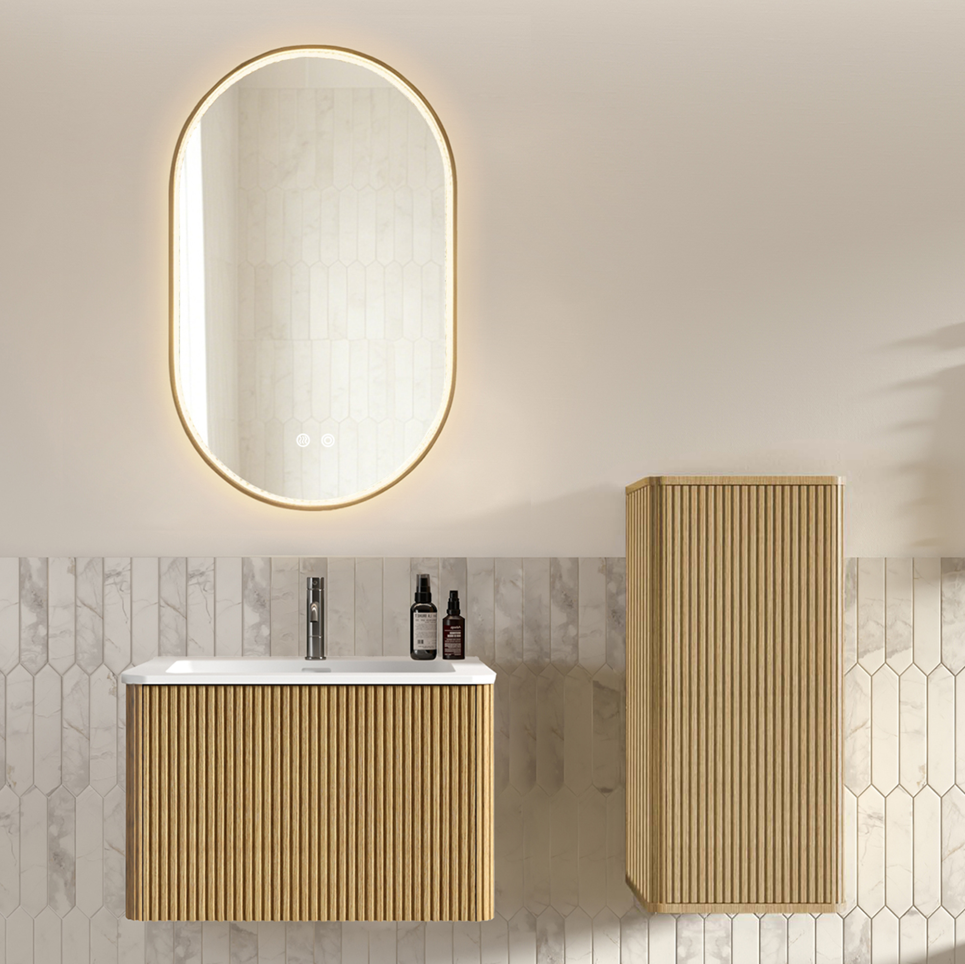 Badmöbel-set Mit Led Spiegel, Unterschrank Und Seitenschrank, Mattweiß Und Eichefarbe, Aus Mdf Und Glas