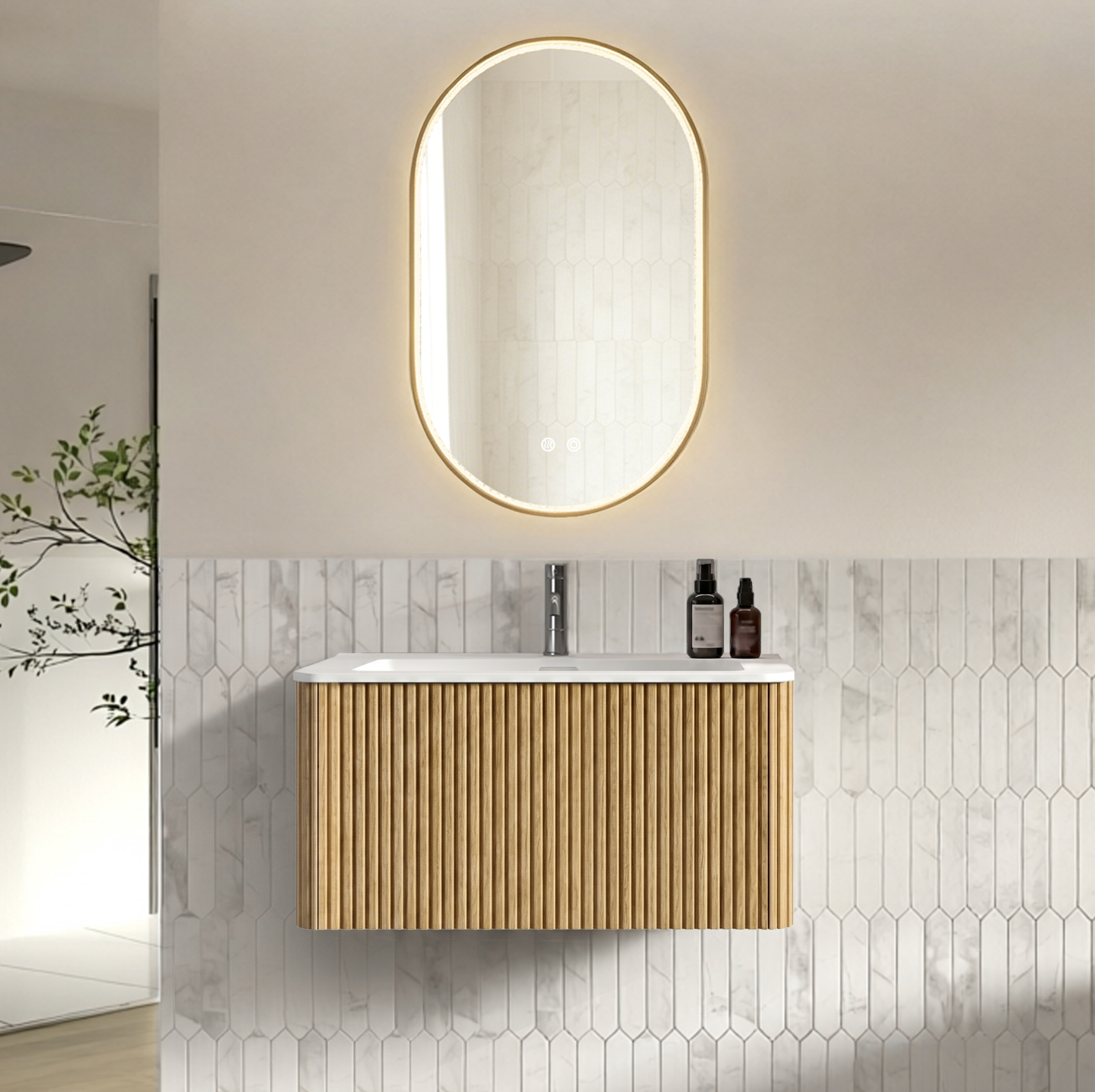 Badmöbel-set Mit Led Spiegel, Vormontierter Waschtisch Mit Unterschrank, Kunststein, Eichenfarbe