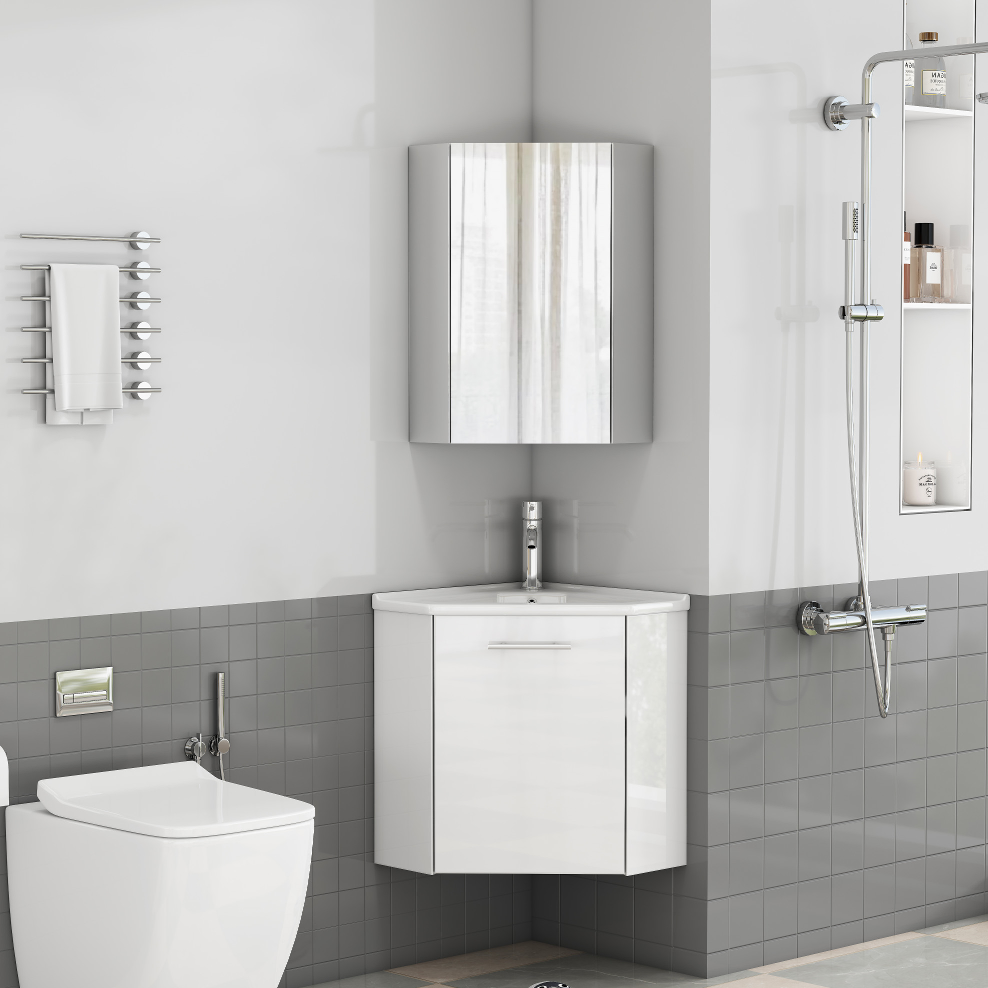 Eck-badezimmerset Mit Waschtisch Und Spiegelschrank, Platzsparend, Vormontiert, Mdf, Glänzend Weiß