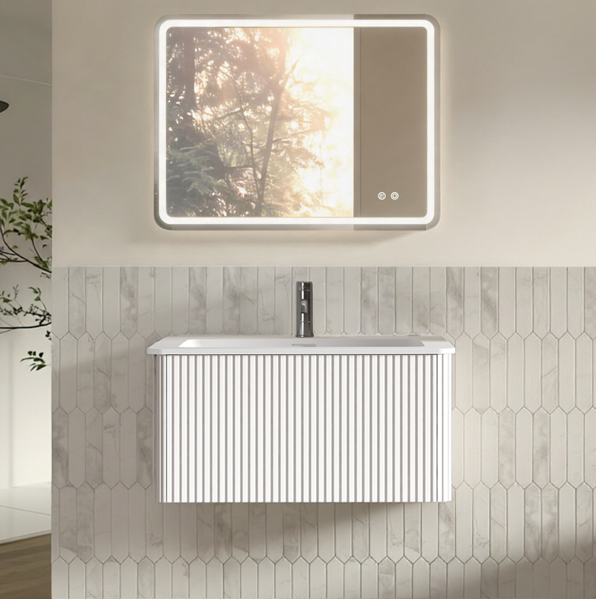 Badmöbel Set Mit Spiegel (80 Cm), Schwebendes Design, Integriertes Kunststeinbecken, Mdf, Glas, Weiß