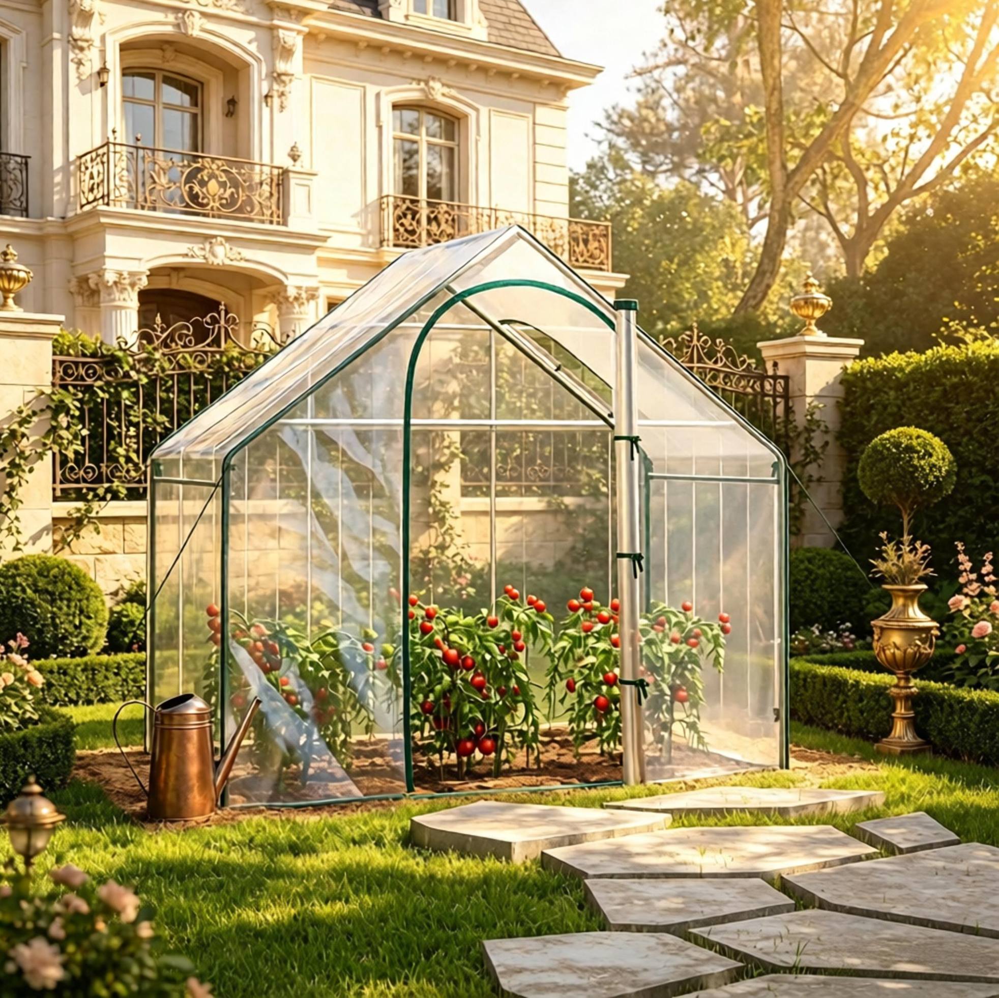 Gewächshaus (180 X 100 X 168 Cm), Transparent, Mit Aufrolltür Und Fenster, Pvc Und Stahl, Grün