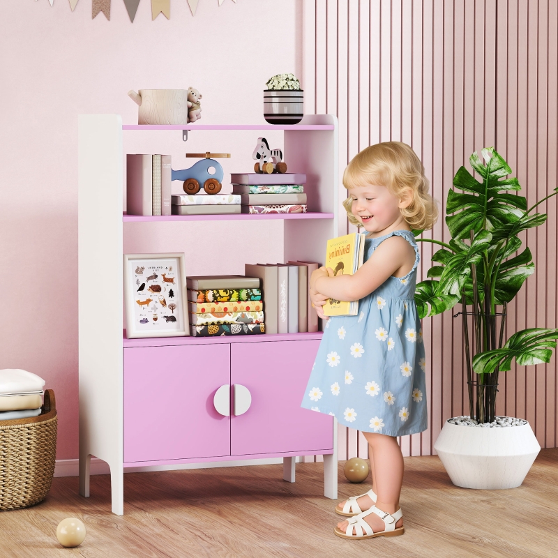 Kinder Bücherregal (60 X 35 X 100 Cm), Offene Fächer Und Schrankfächer, Anti Kipp Set, Rutschfeste Füße, Holz, Rosa