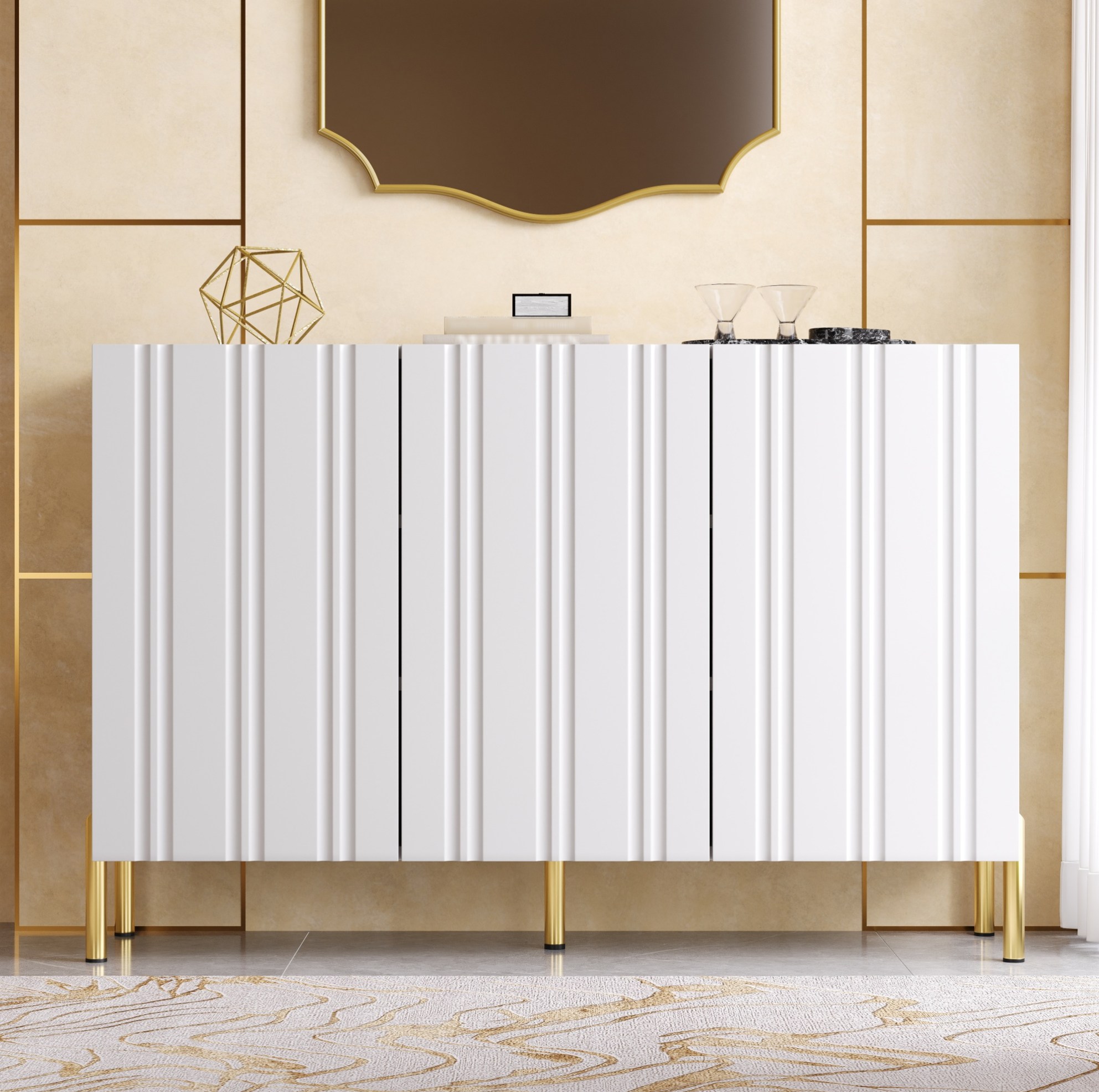 Sideboard Schuhschrank 120x35.5x80 Cm, Dreitürig, Vertikale Rillenprägung, Grifflose Front, Mdf, Spanplatte, Weiß