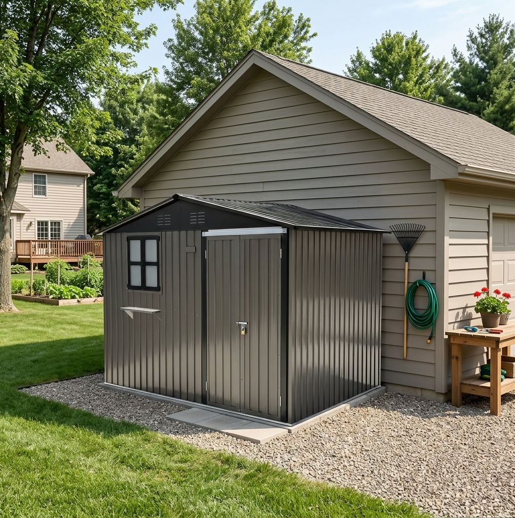 Metall Gartenhaus Mit Doppeltüren, Abschließbarem Riegel, Fensteröffnungen, Blumenkorb, Braun