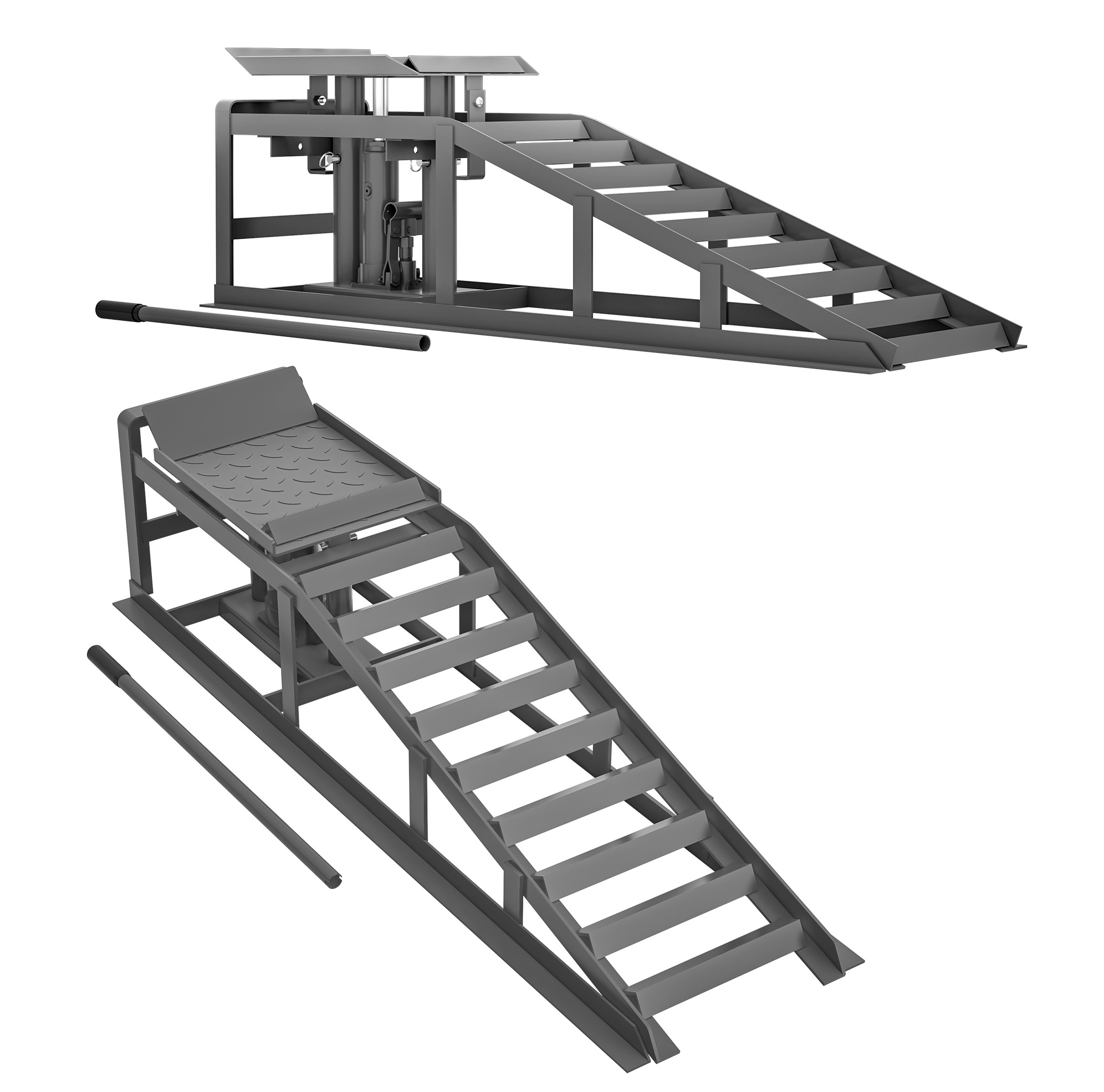 Set Aus 2 Auffahrrampen Für Pkw (114x33x29.7 Cm), Höhenverstellbar, Mit Hydraulikzylinder, Stahl, Grau