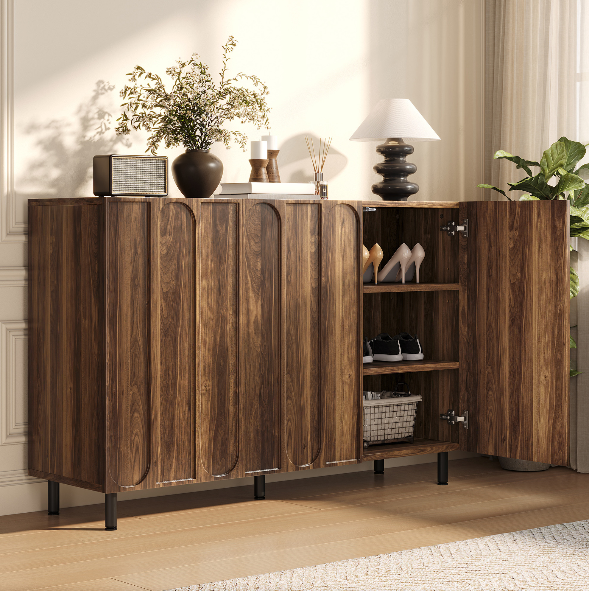 Sideboard Schuhschrank (120x37x80 Cm), 3 Türen, Verstellbare Böden, Gedämpfte Scharniere, Mdf Und Spanplatte, Walnuss