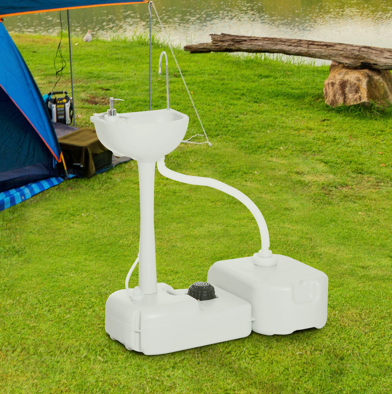 Campingwaschbecken (63x40x37 Cm), Mit Fußpumpe, 17l Wassertank, Handtuchhalter, Hdpe, Hellgrau