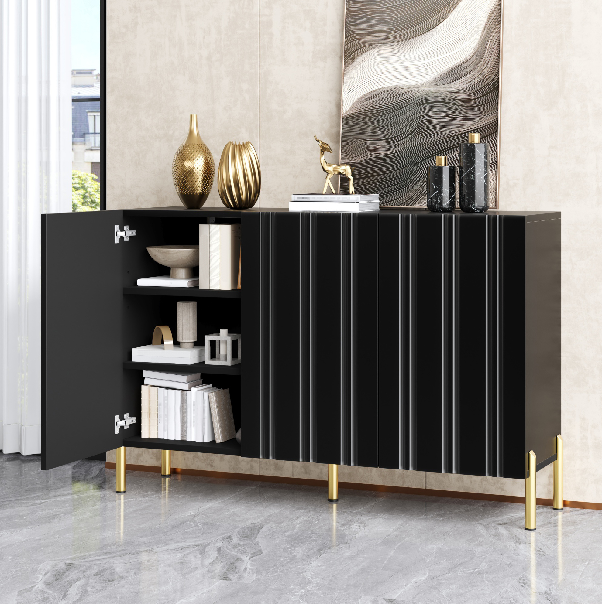 Sideboard Schuhschrank (120x35.5x80 Cm), 3 Türen, Vertikale Rillenprägung, Grifflos, Mdf Und Spanplatte, Schwarz