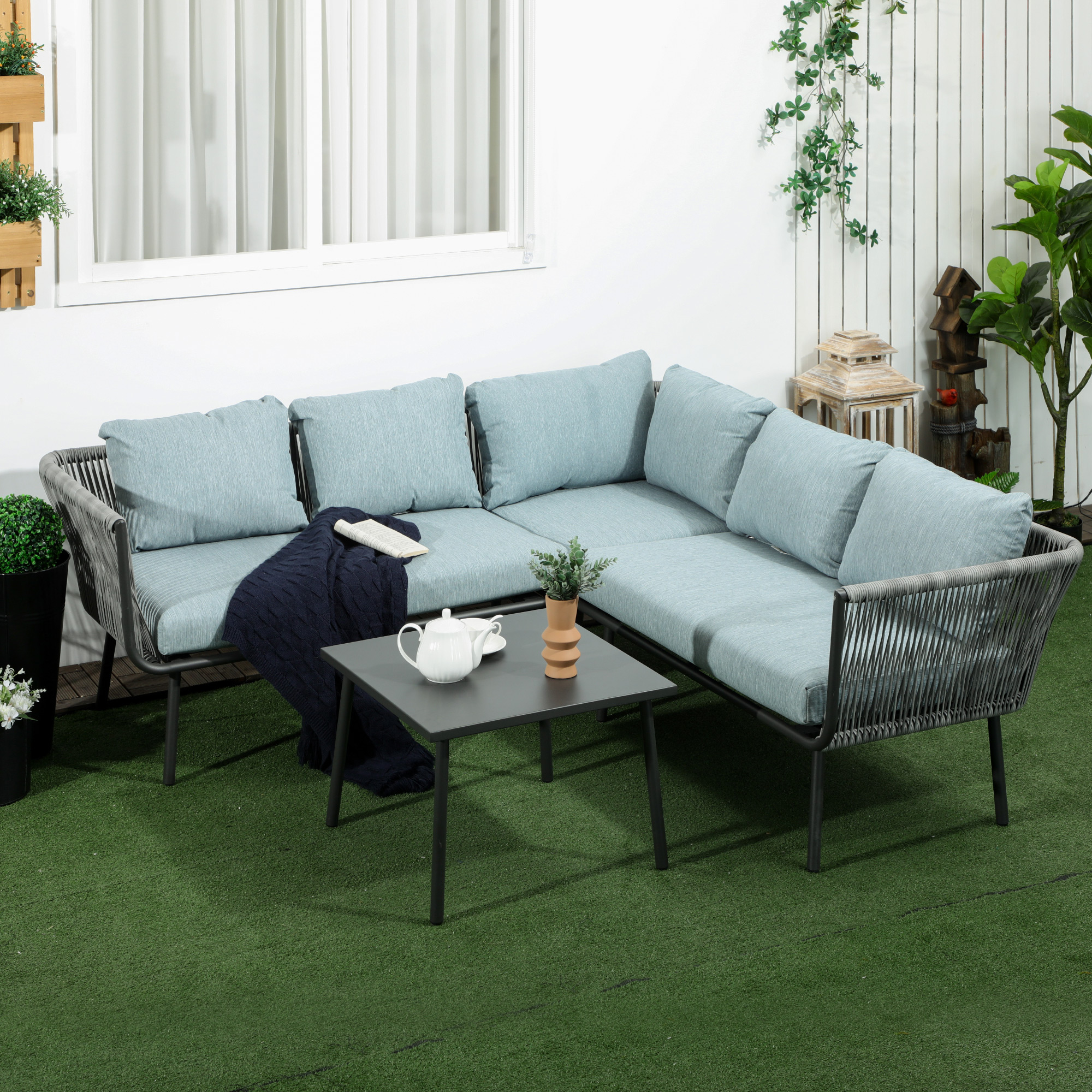 Gartenmöbel Set (120x71x65 Cm, 71x71x65 Cm, 60x60x40 Cm), 4 Teilig, Mit Kissen, Aluminium, Grau