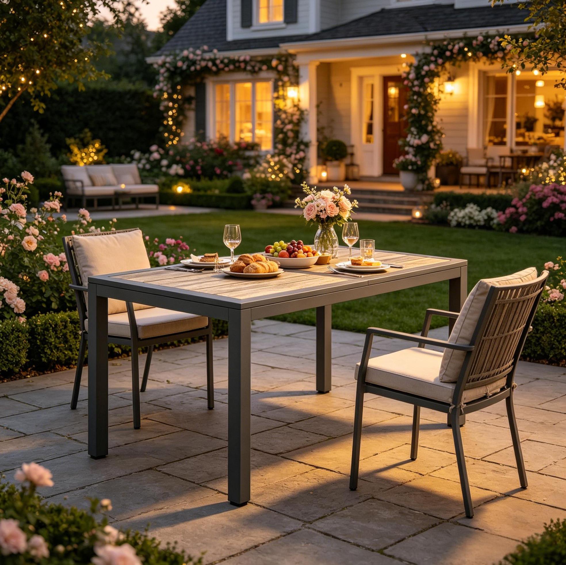 Gartentisch (140x80x72 Cm), Für 4 Bis 6 Personen, Holzoptik, Verzinkter Stahl, Dunkelgrau