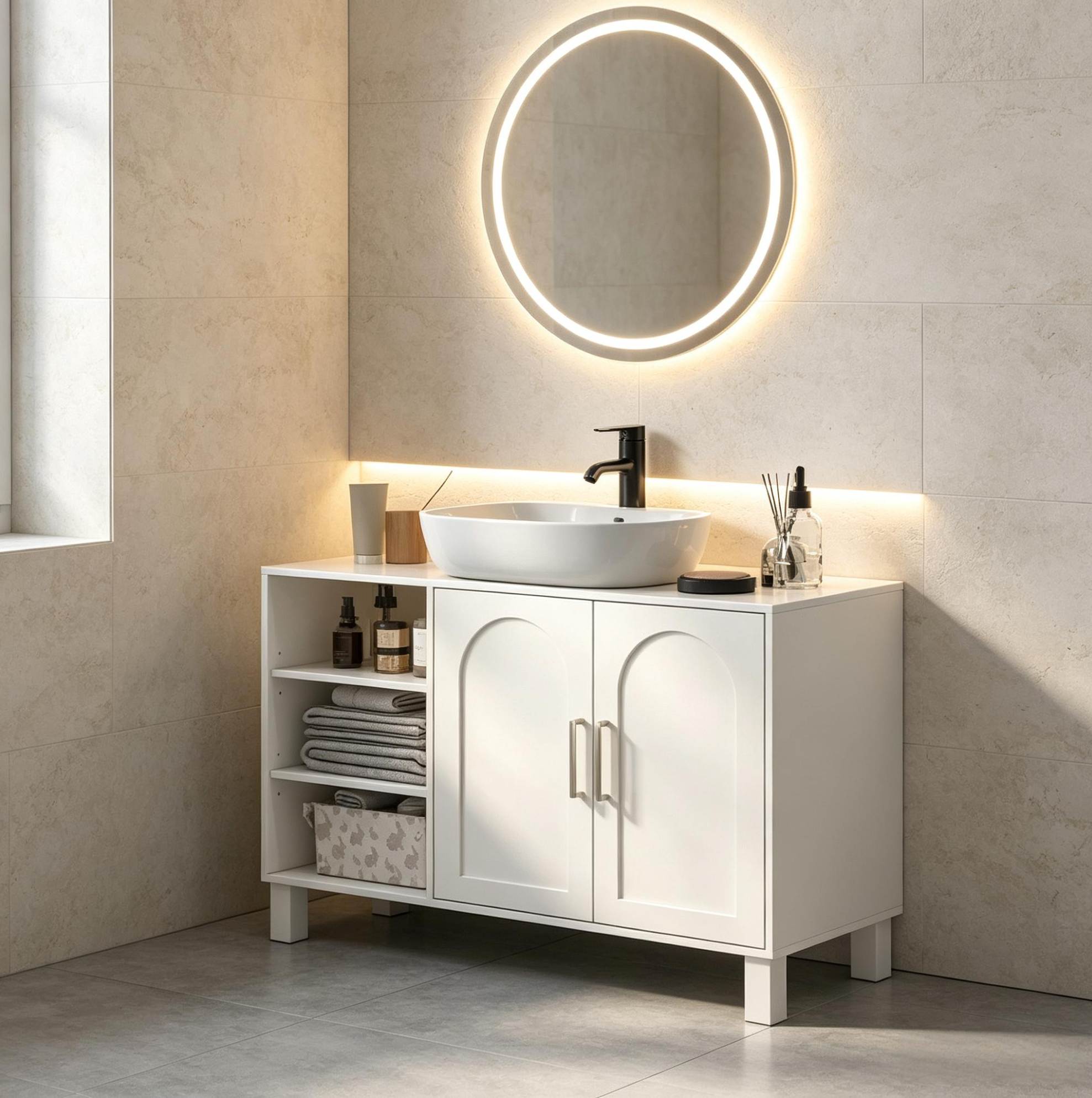 Badunterschrank (90x30x63 Cm), Für Wandwaschbecken Mit U Ausschnitt, Drei Regale, Mdf Und Spanplatte, Creme