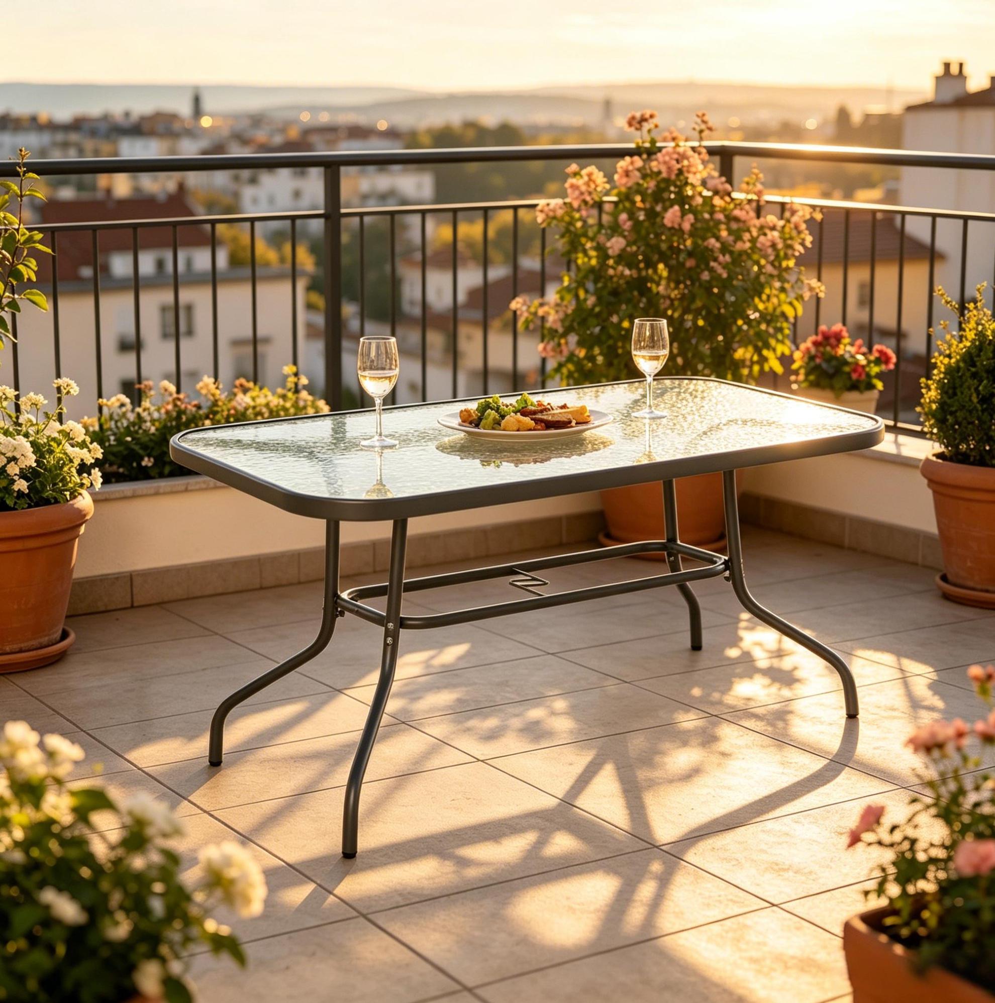 Rechteckiger Gartentisch (120x80x70 Cm), Für 8 Personen, Mit Sonnenschirmloch, Metall Und Hartglas, Grau