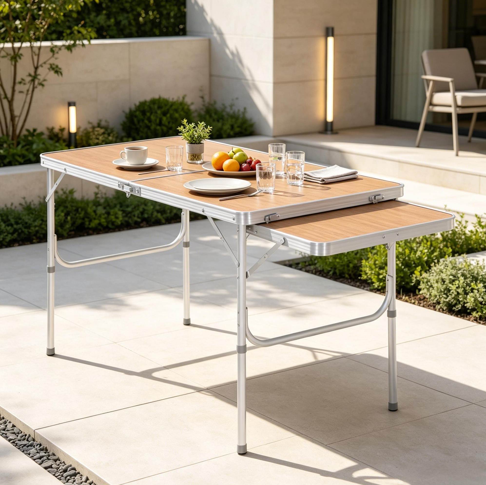 Klapptisch (120x60x40 Bis 70 Cm), Höhenverstellbar, Mit Seitenregal, Aluminium Und Mdf, Mehrfarbig