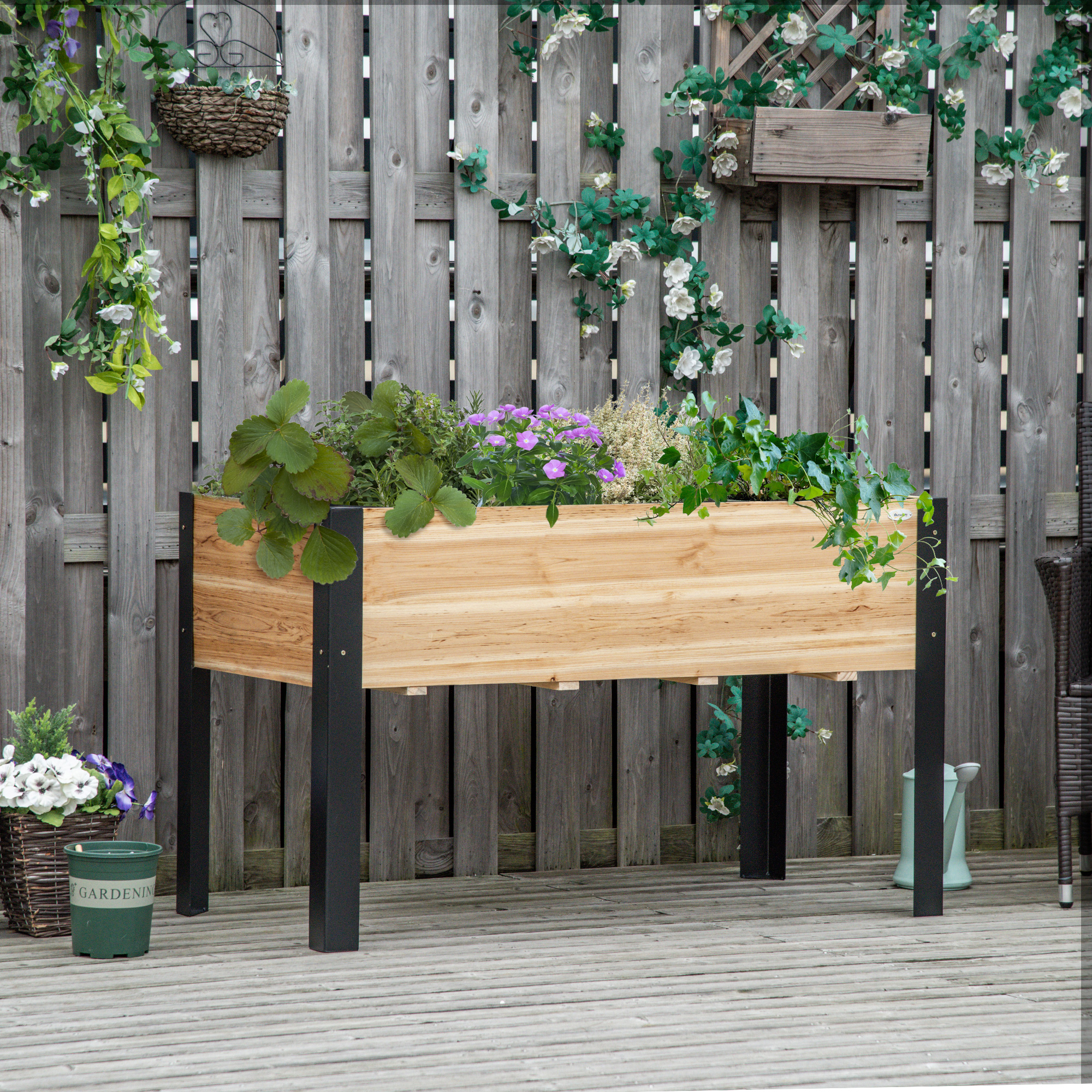 Hochbeet (120x60x74 Cm), Mit Innenfutter, Aus Massivholz Und Stahl, Schwarz