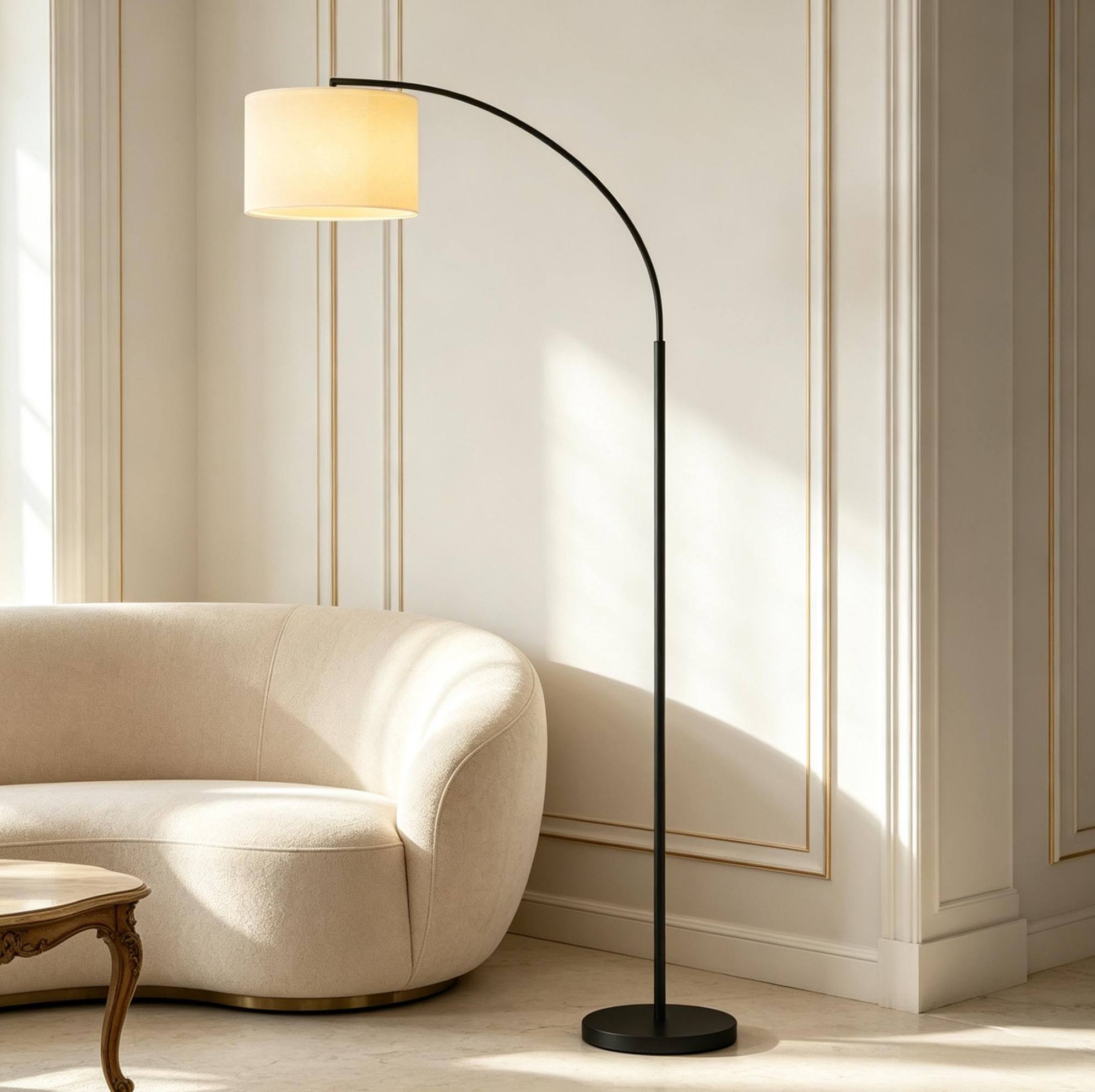 Bogen Stehlampe (104.2x32x180.6 Cm), Mit Fernbedienung, 11 Helligkeitsstufen, Stoff Und Metall, Schwarz Und Creme