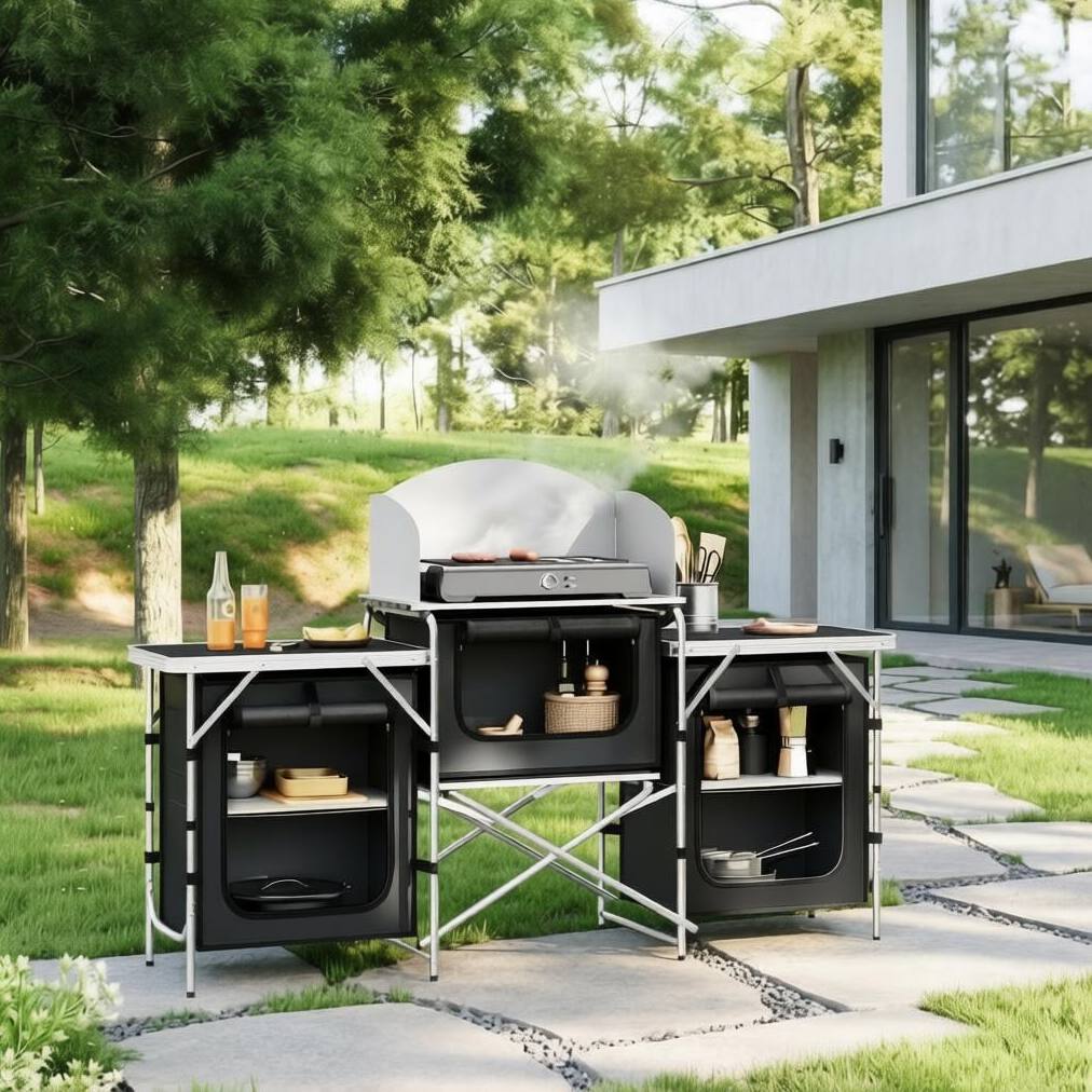 Campingküche (175x40x110 Cm), Klappbar, Mit Viel Stauraum, Aluminium, Mdf, Schwarz