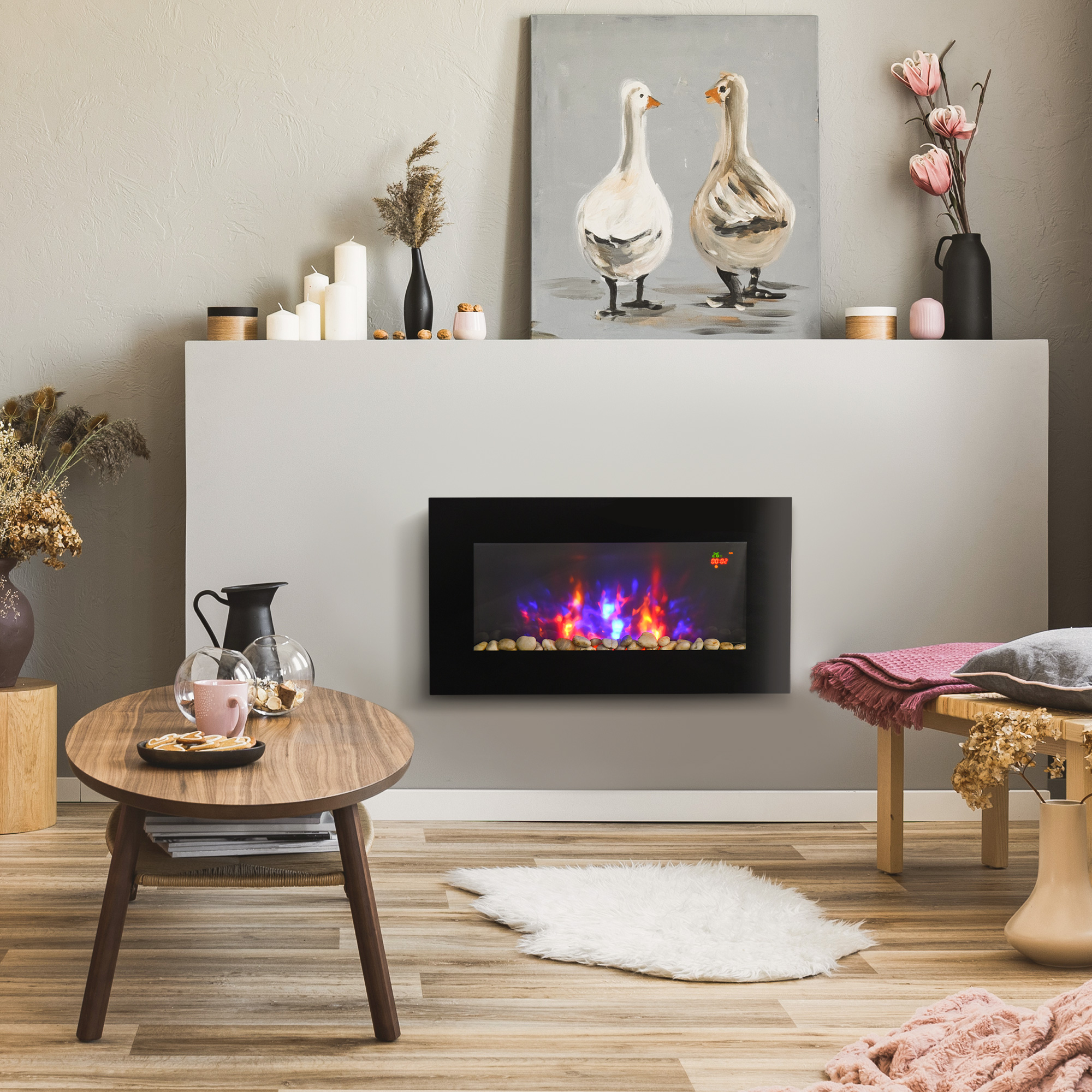 Elektrokamin (72,5x11,5x40 Cm), 1000 Und 2000 W, Led Flammeneffekt In 7 Farben, Mit Timer, Metall, Schwarz