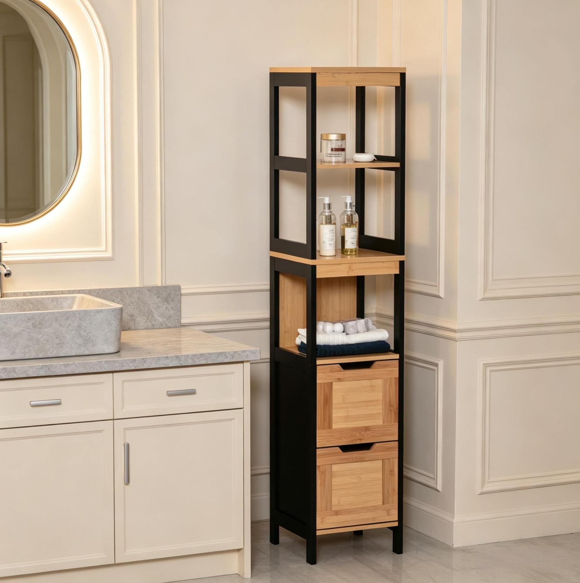 Badezimmerschrank (30 X 30 X 144.3 Cm), Mit 3 Regalen Und 2 Schubladen, Bambus Und Mdf, Schwarz Und Natur