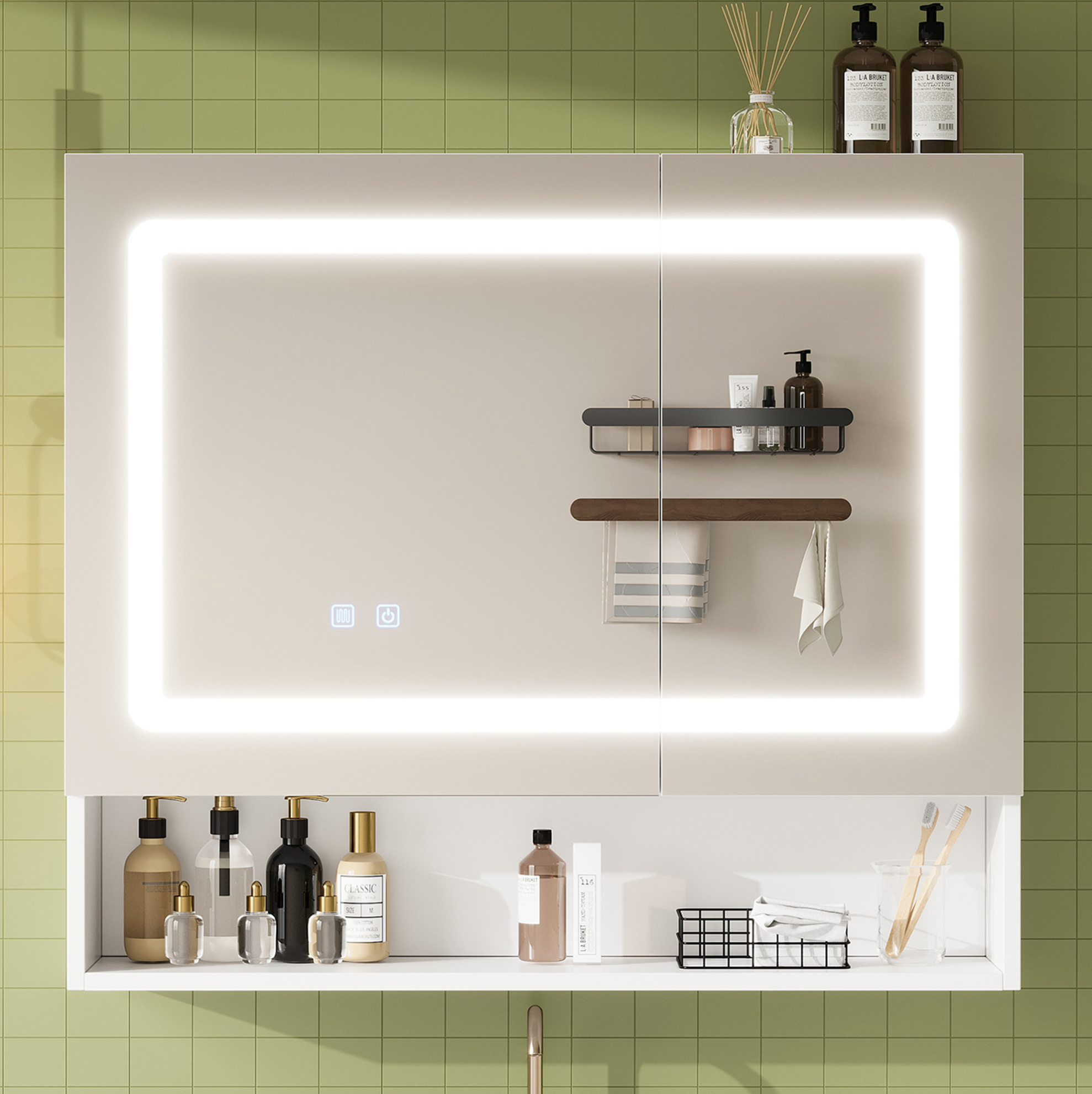 Badezimmer Spiegelschrank 80x17x70 Cm, Mit Doppeltür, Led Beleuchtung, Antibeschlagfunktion, Mdf Und Glas, Weiß