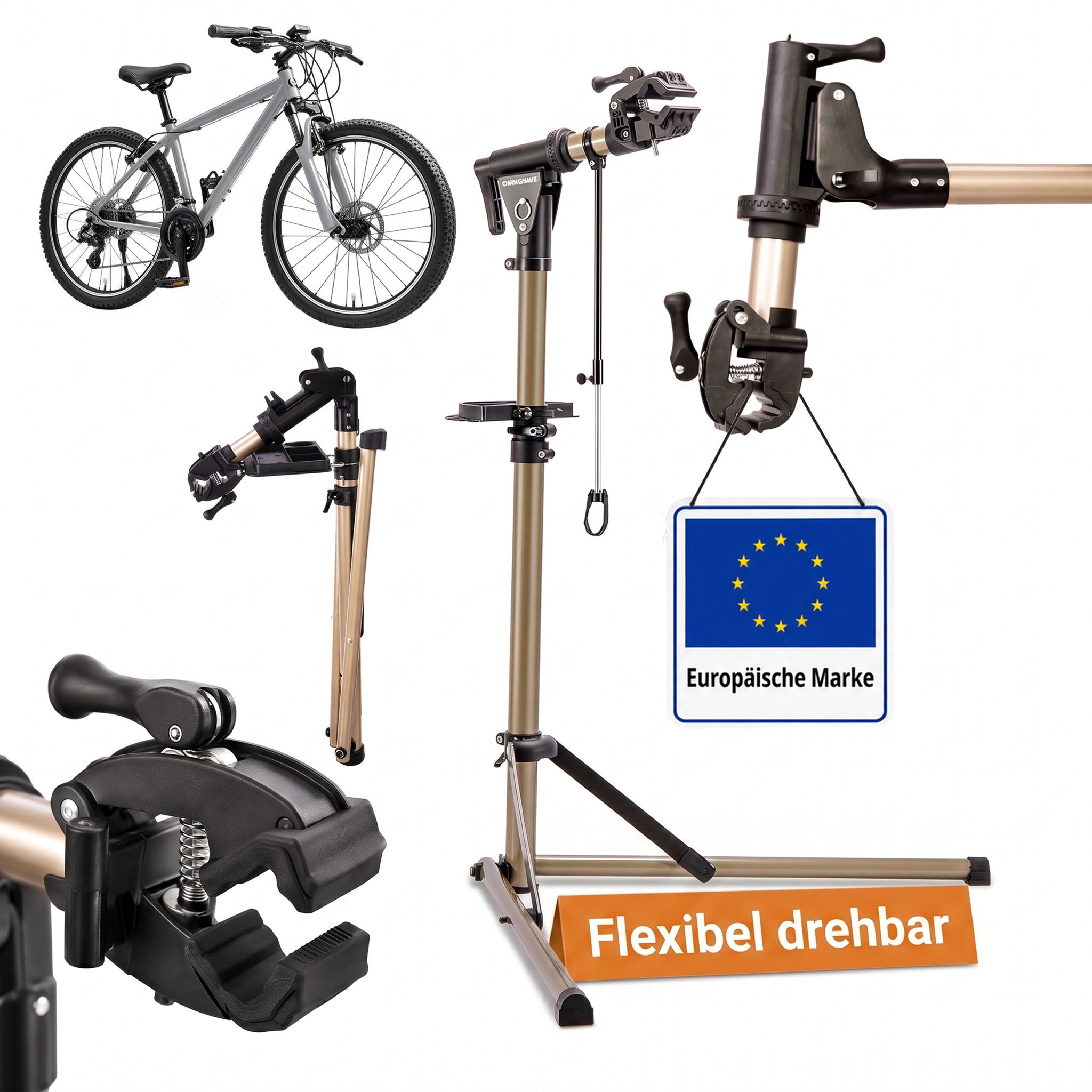 Relaxdays Fahrrad-montageständer, 100-160 Cm Höhenverstellbar, Für 35-85 Mm Rahmen, Lenkerhalter, Bis 50 Kg, Gold