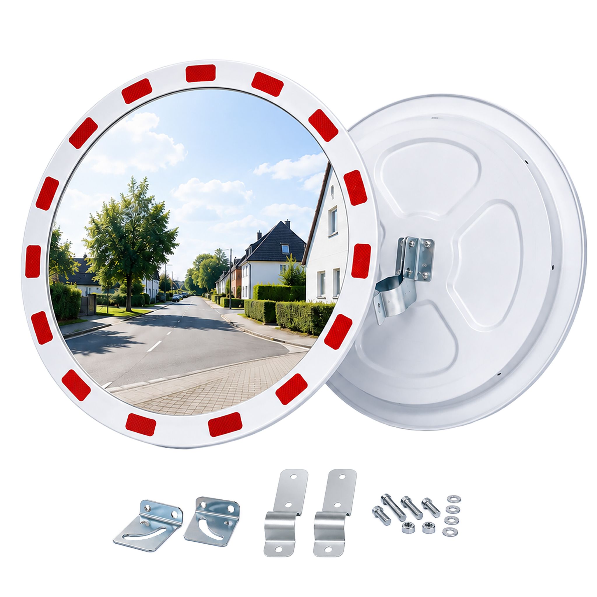 Relaxdays Verkehrsspiegel, 30 Cm, Mit Rohrhalterung, Reflektorrand, Außenbereich, Runder Sicherheitsspiegel, Weiß/rot