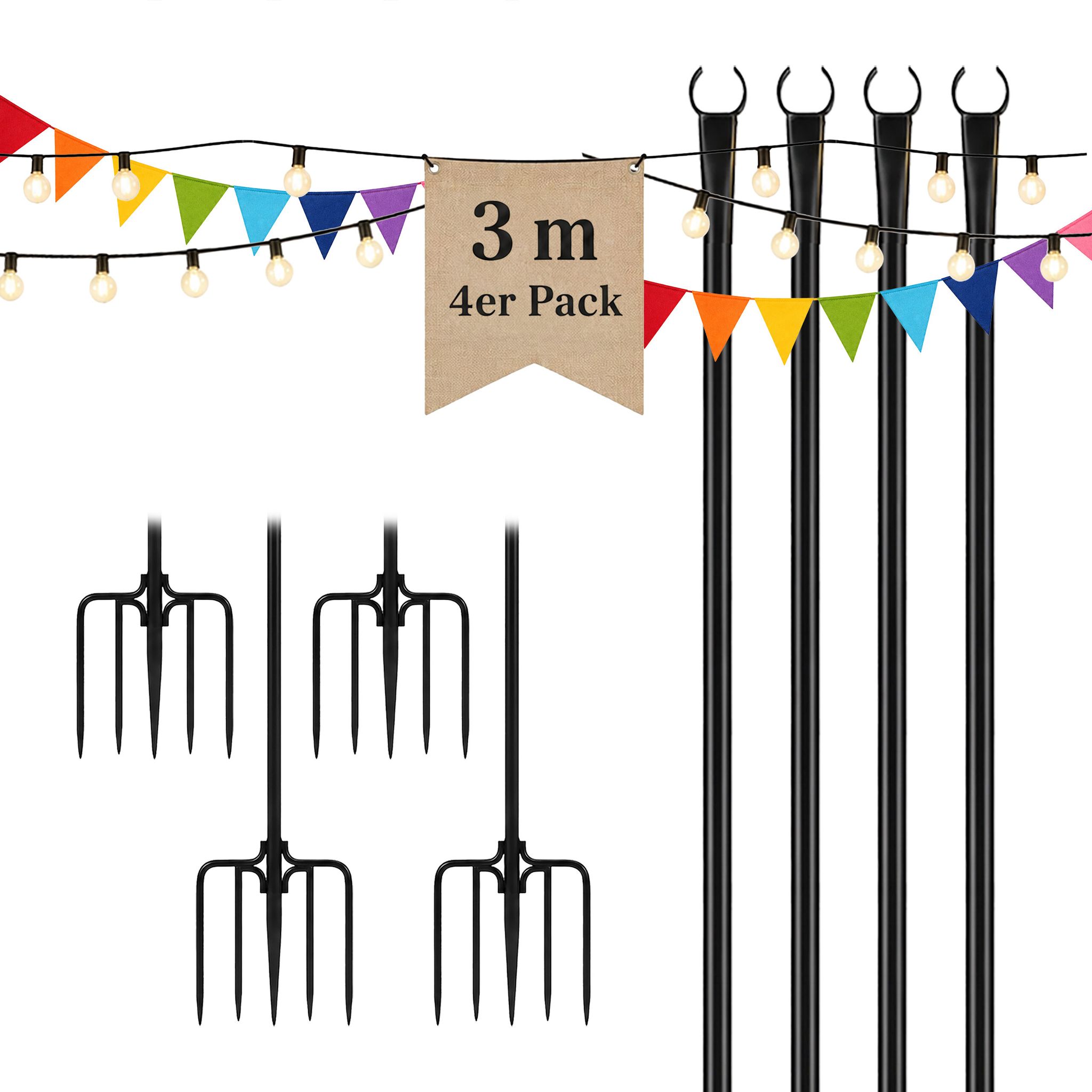 Relaxdays Lichterkettenstange 4er Set, 3m, Garten, Outdoor, Lampenmast, 2-in-1, Boden & Zaun, Light Pole, Eisen, Schwarz