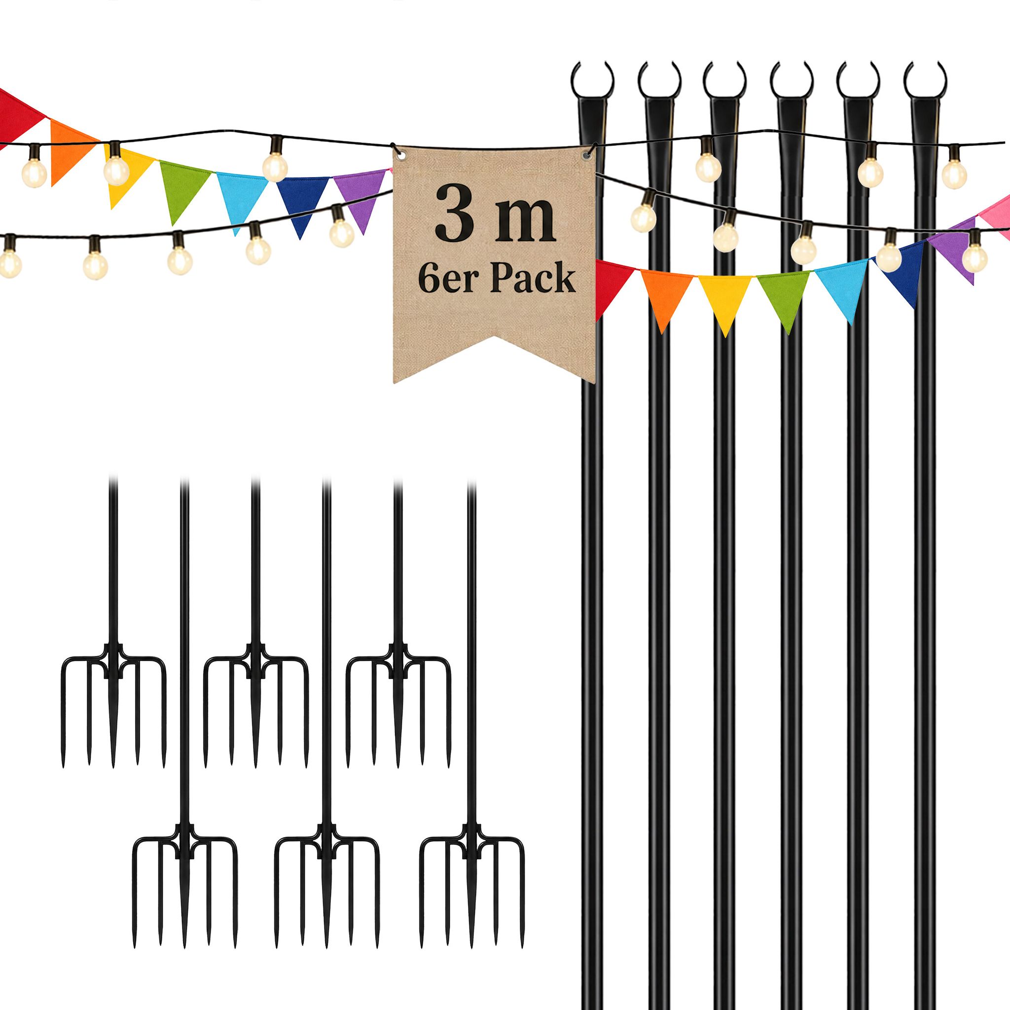 Relaxdays Lichterkettenstange 6er Set, 3m, Garten, Outdoor, Lampenmast, 2-in-1, Boden & Zaun, Light Pole, Eisen, Schwarz