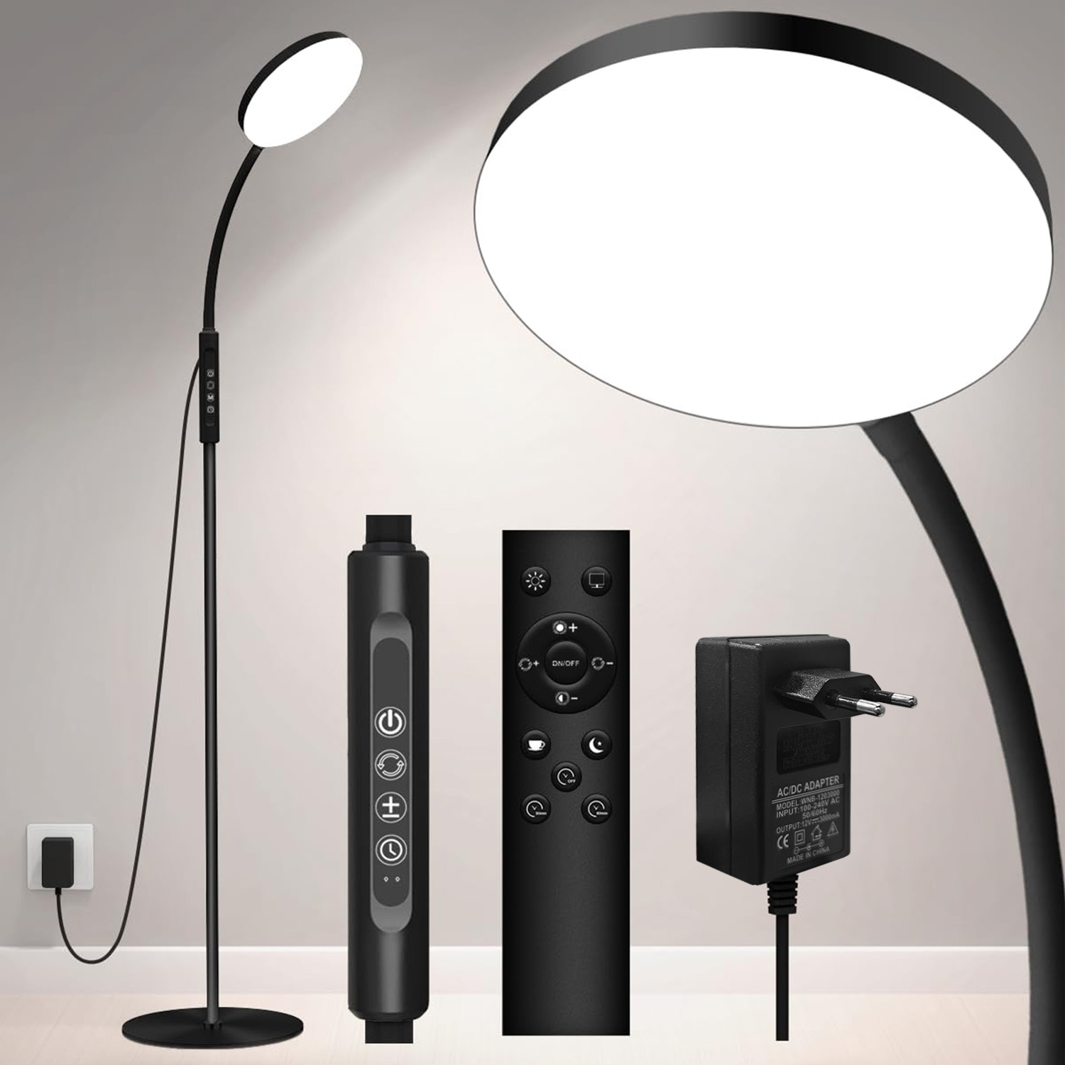 Rosnek Led Stehlampe Dimmbar Leselampe Mit Schwanenhals 5 Farbtemperaturen 10 Helligkeitsstufen Fernbedienung 165 Cm Schwarz