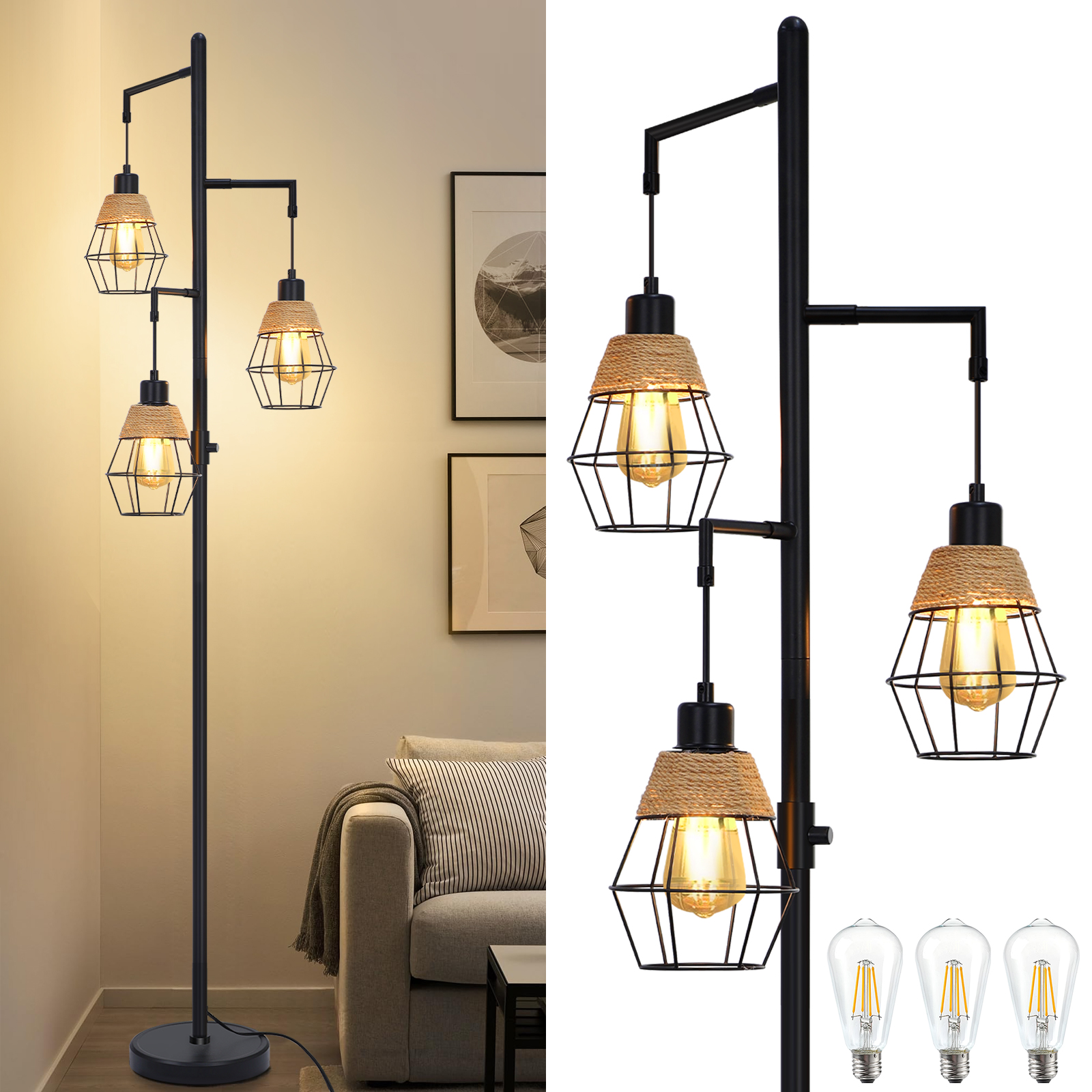 Rosnek Industrial Stehlampe 3-flammig E27 Dimmbar Vintage Leselampe 168 Cm Mit 3 Led Leuchtmitteln Schwarz