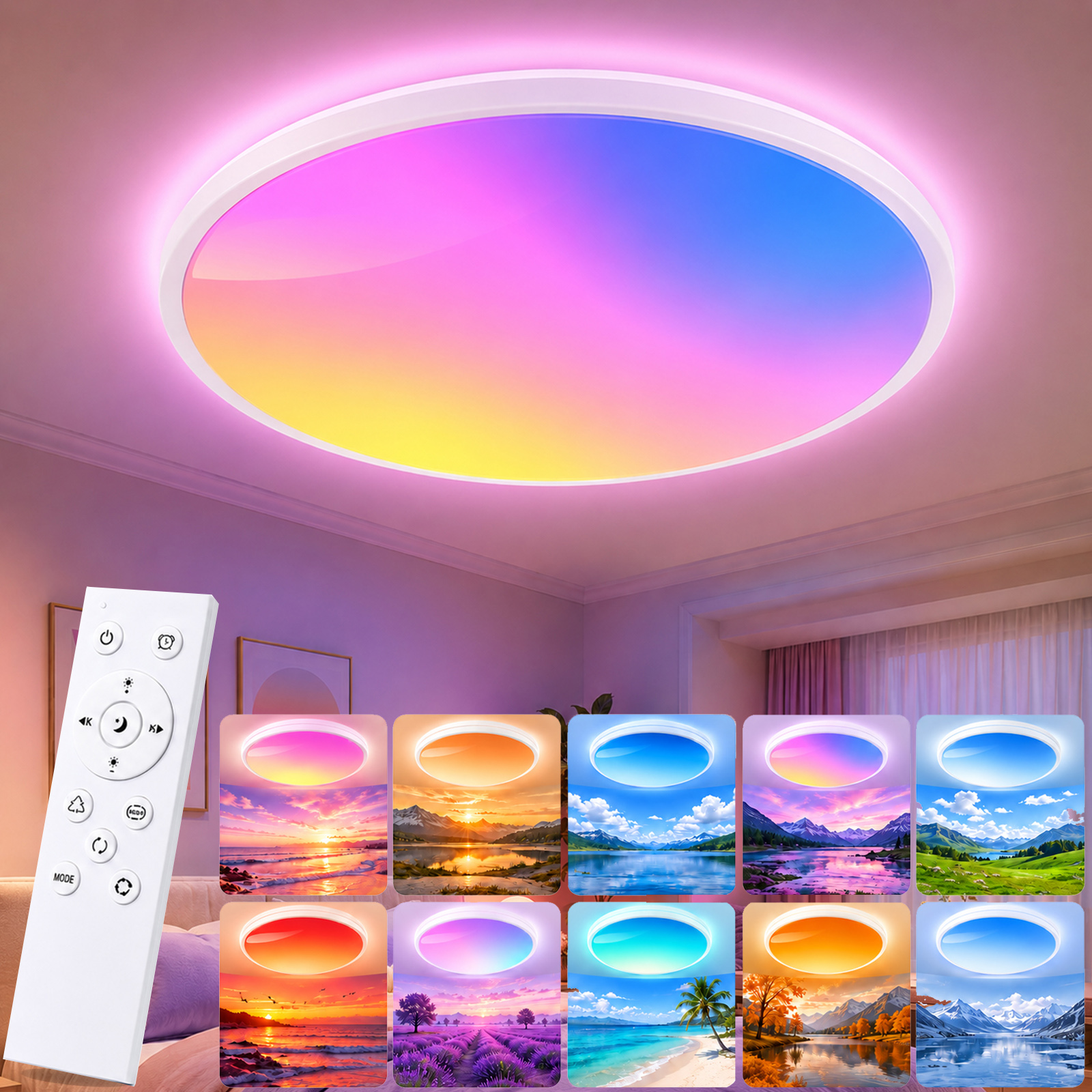 Rosnek Led‑deckenleuchte Rgb 48 W 37 Cm 4800 Lm Dimmbar Mit Fernbedienung Für Wohn‑ Und Schlafzimmer