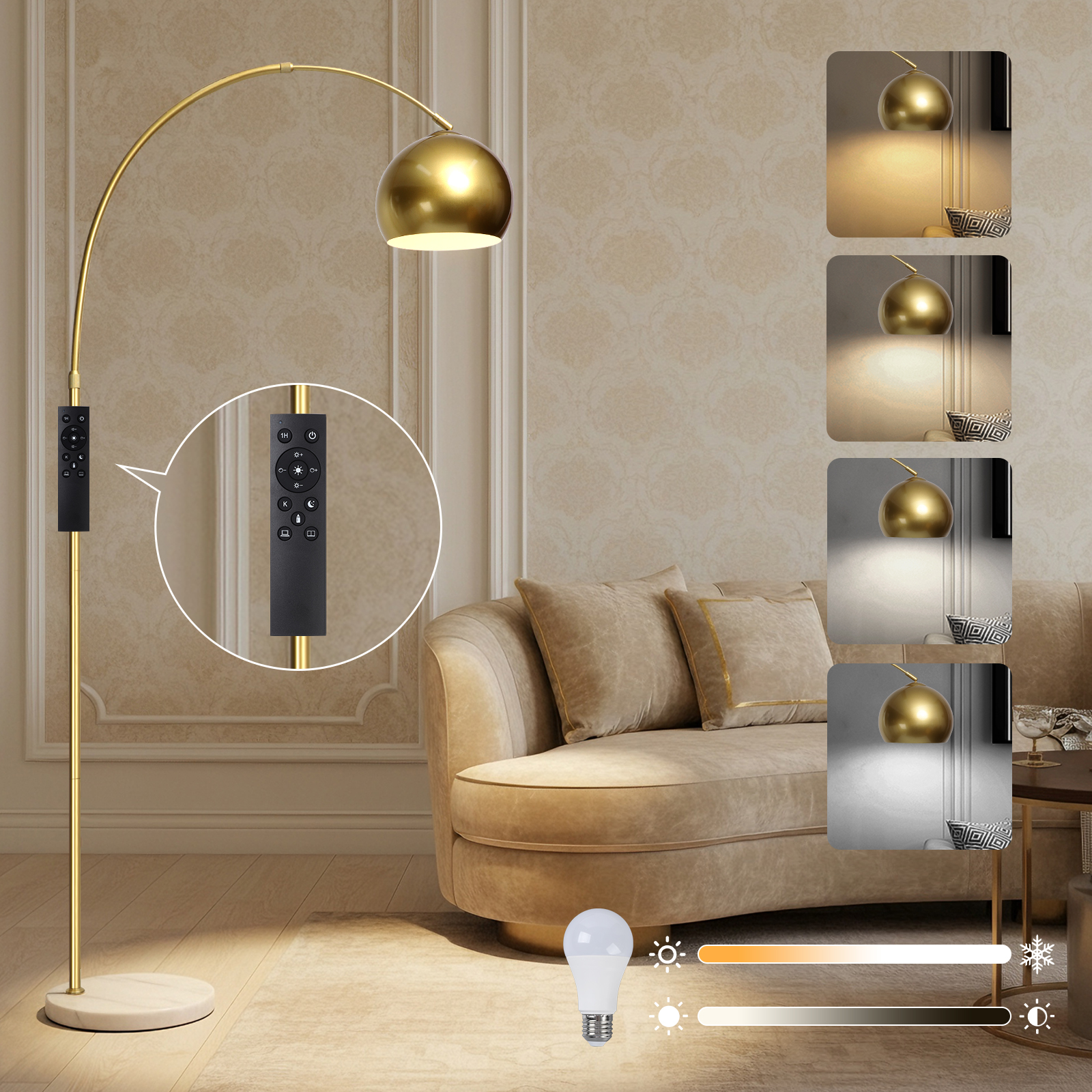Rosnek Bogenlampe Wohnzimmer 12w E27 Dimmbar Höhenverstellbar 150-175 Cm Marmorsockel Fernbedienung Gold