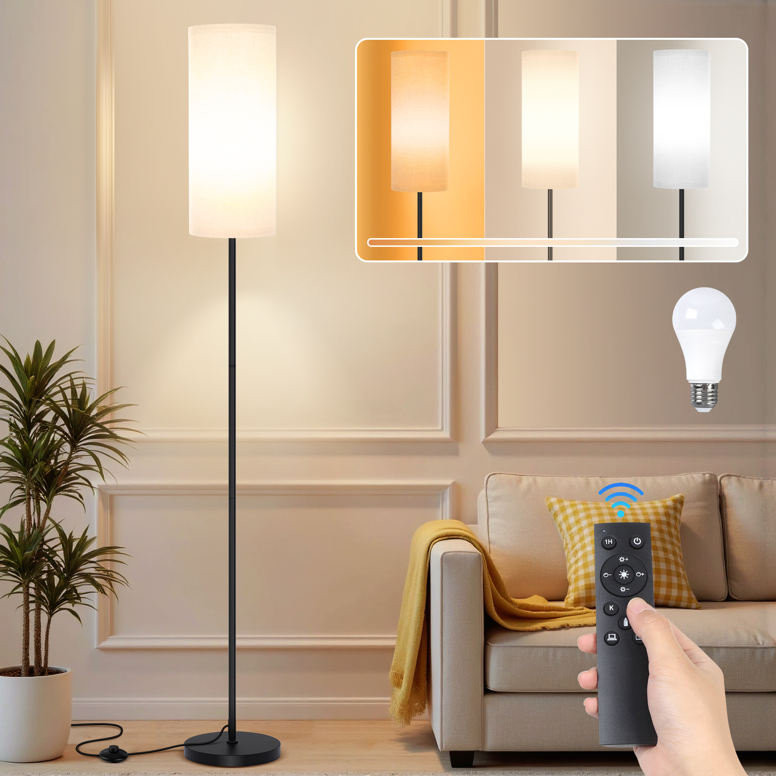 Rosnek Stehlampe Wohnzimmer Dimmbar 12w E27 Mit Fernbedienung Fußschalter 3000-6500k 160 Cm Schwarz