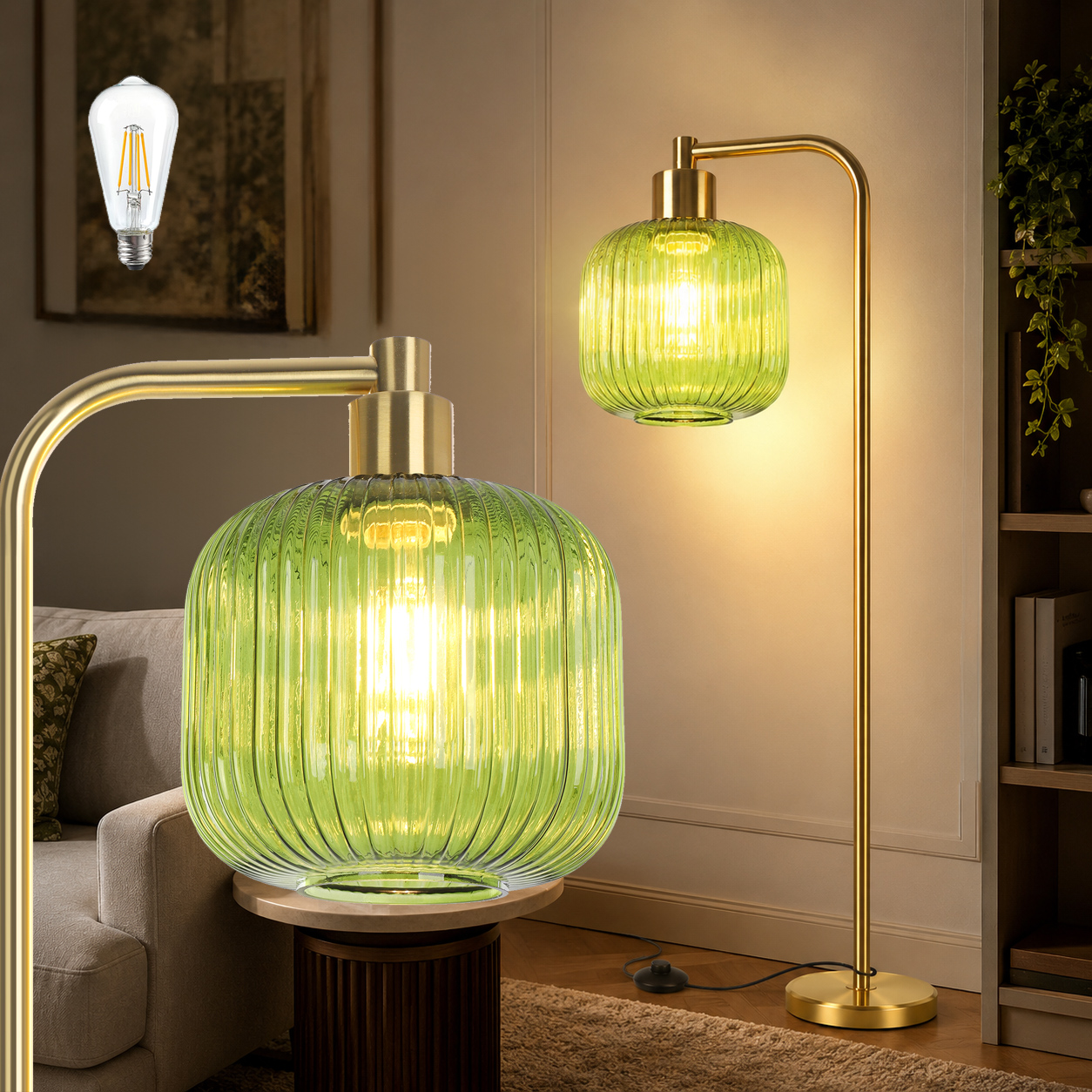 Rosnek Stehlampe Wohnzimmer E27 Glas Stehleuchte 170 Cm Mit Fußschalter Led Leuchtmittel Gold Grün