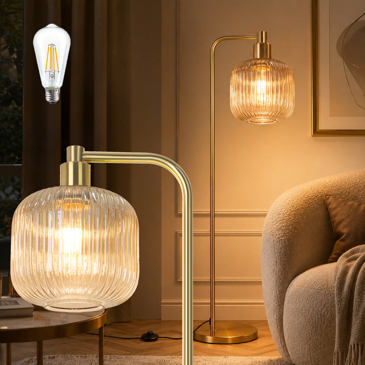 Rosnek Stehlampe Wohnzimmer E27 Glas Stehleuchte 170 Cm Mit Fußschalter Led Leuchtmittel Gold Braun