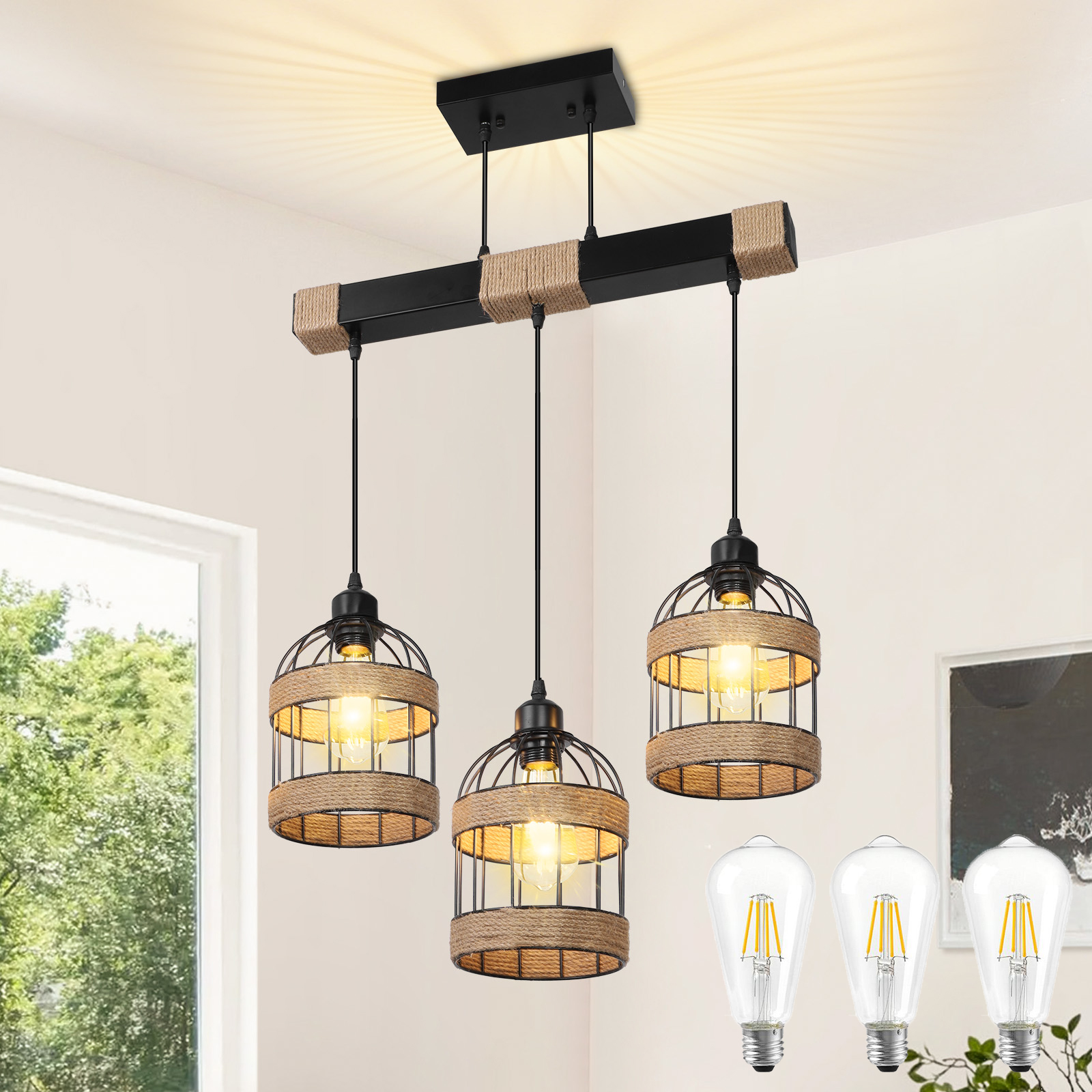 Rosnek 3‑flammige Rattan‑pendelleuchte E27 Höhenverstellbar Braun Mit Led‑leuchtmitteln Für Bar Wohnzimmer