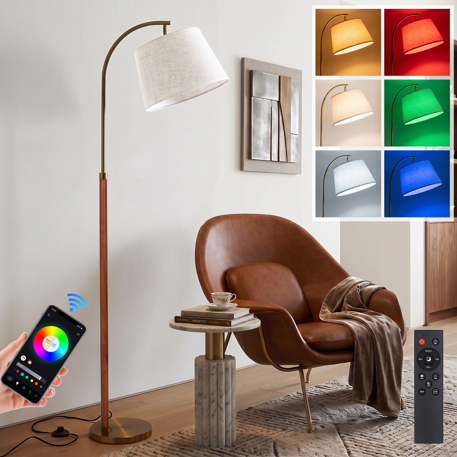 Rosnek Holz Stehlampe Wohnzimmer 9w Rgb Cct Smart App Fernbedienung Dimmbar 170 Cm Walnuss Gold