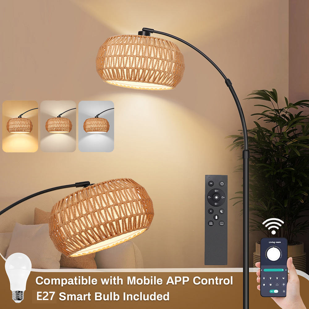 Rosnek Bogenlampe Wohnzimmer 12w Rattan Stehlampe Dimmbar 150-180 Cm App Fernbedienung Fußschalter Schwarz