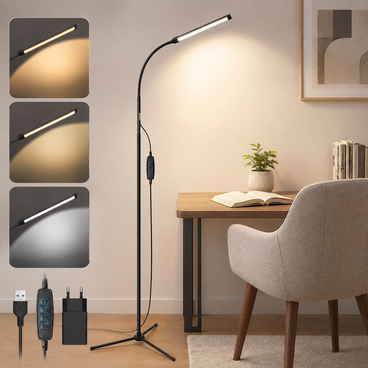 Rosnek Led Stehlampe Dimmbar 9w Leselampe Mit Schwanenhals Usb 3 Lichtfarben 10 Helligkeitsstufen Schwarz