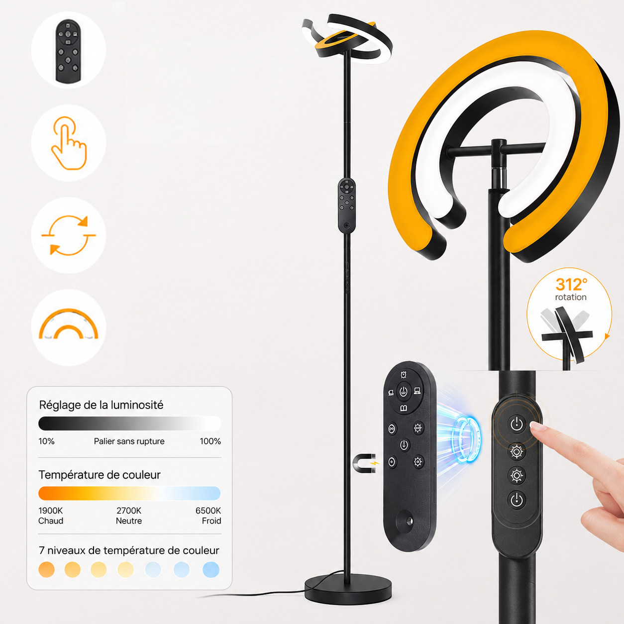 Rosnek Led Stehlampe Wohnzimmer 36w 2000 Lm Dimmbar 2 Drehbare Ringe Mit Fernbedienung 191,8 Cm Schwarz