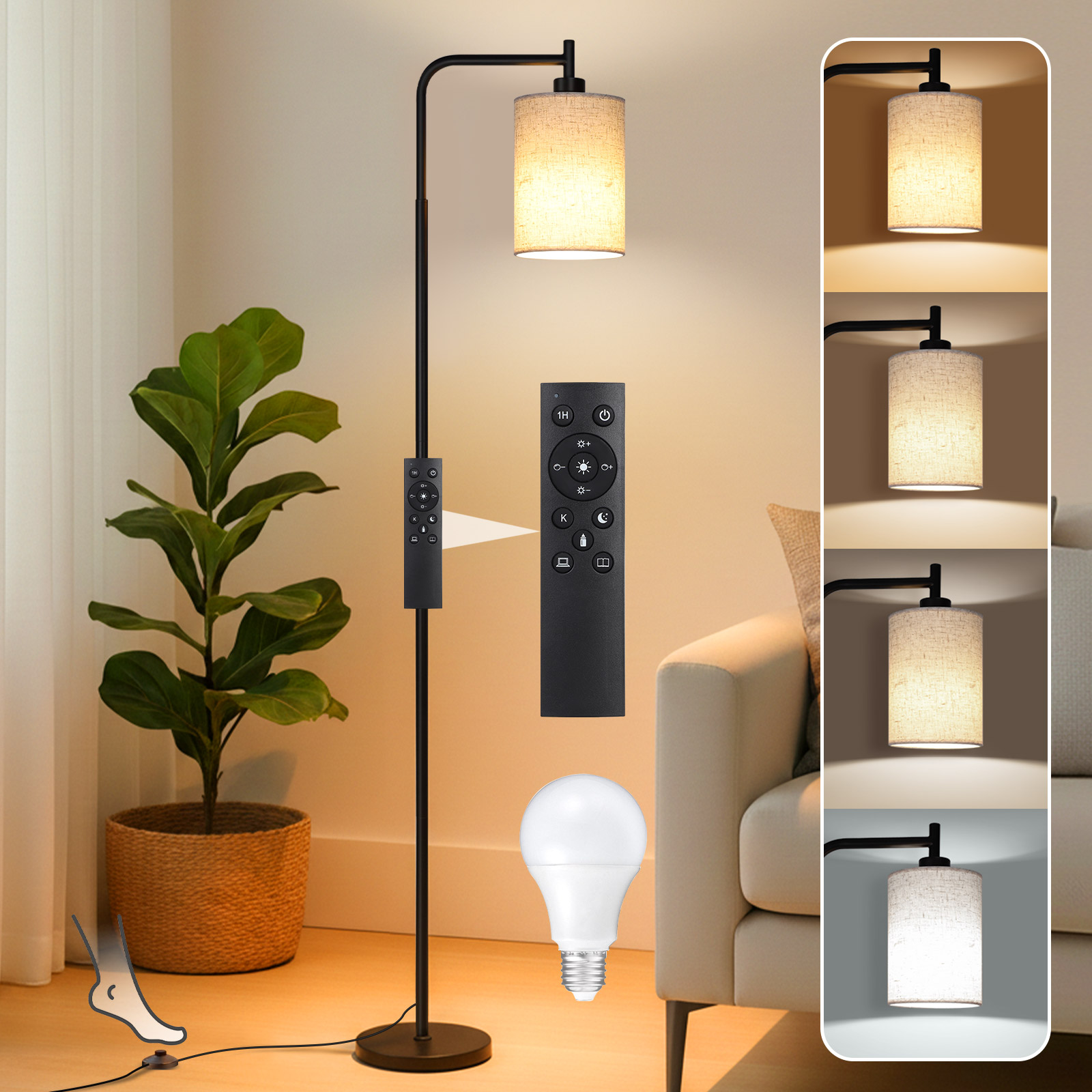 Rosnek Stehlampe Wohnzimmer Dimmbar 12w E27 Mit Fernbedienung Leinenschirm Timer Fußschalter 3000-6500k Schwarz