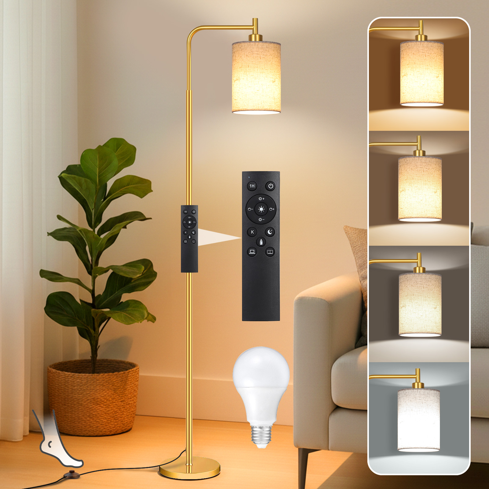 Rosnek Stehlampe Wohnzimmer Dimmbar 12w E27 Mit Fernbedienung Leinenschirm Timer Fußschalter 3000-6500k Gold