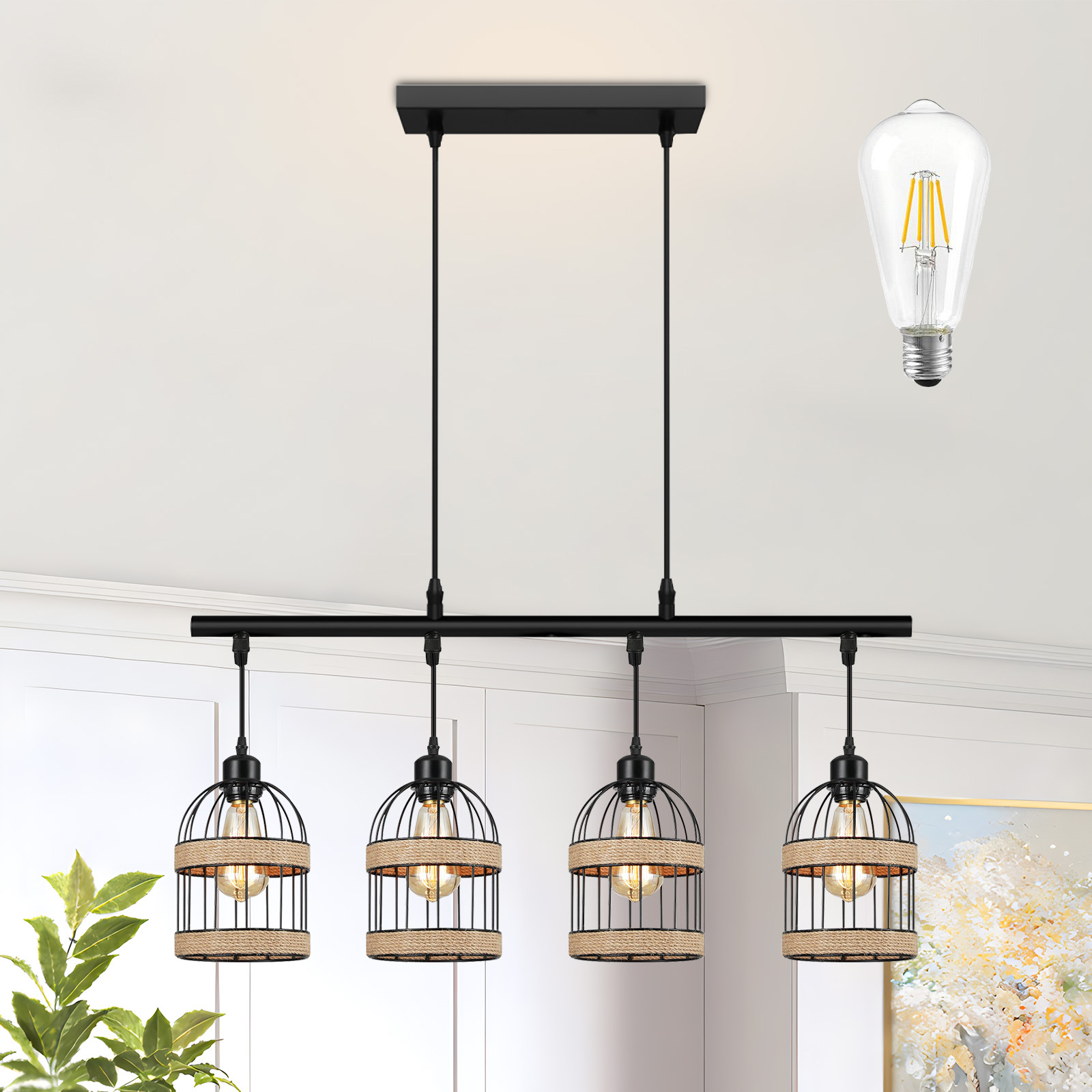 Rosnek Pendelleuchte 4‑flammig E27, Rattan Industrial Braun Mit Led‑leuchtmitteln