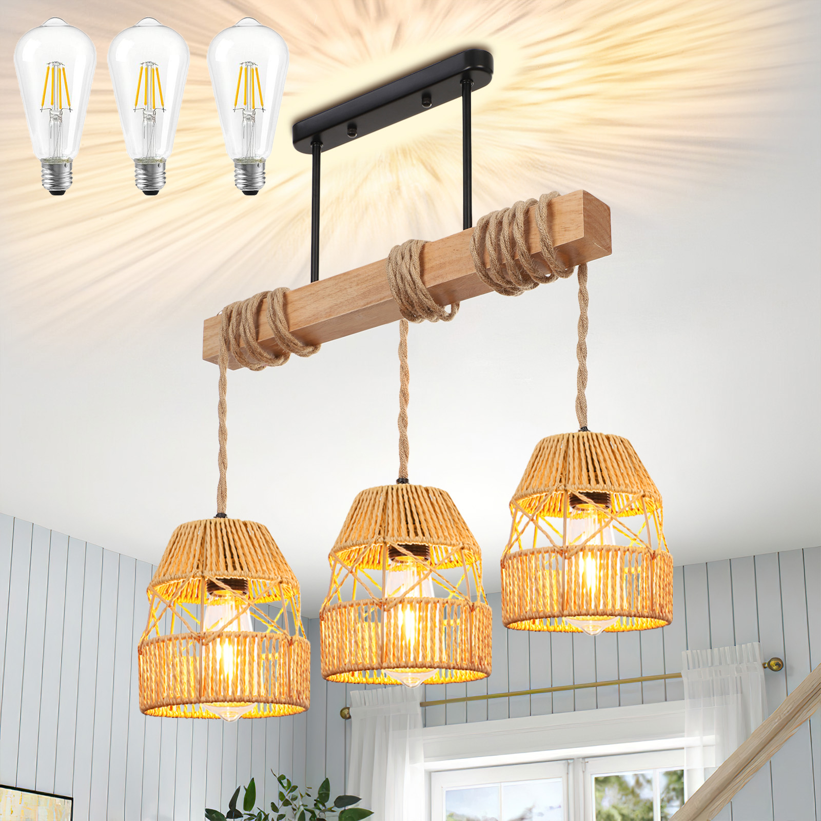 Rosnek 3‑flammige Rattan‑holz‑pendelleuchte E27 Höhenverstellbar Braun Für Kücheninsel Und Esstisch